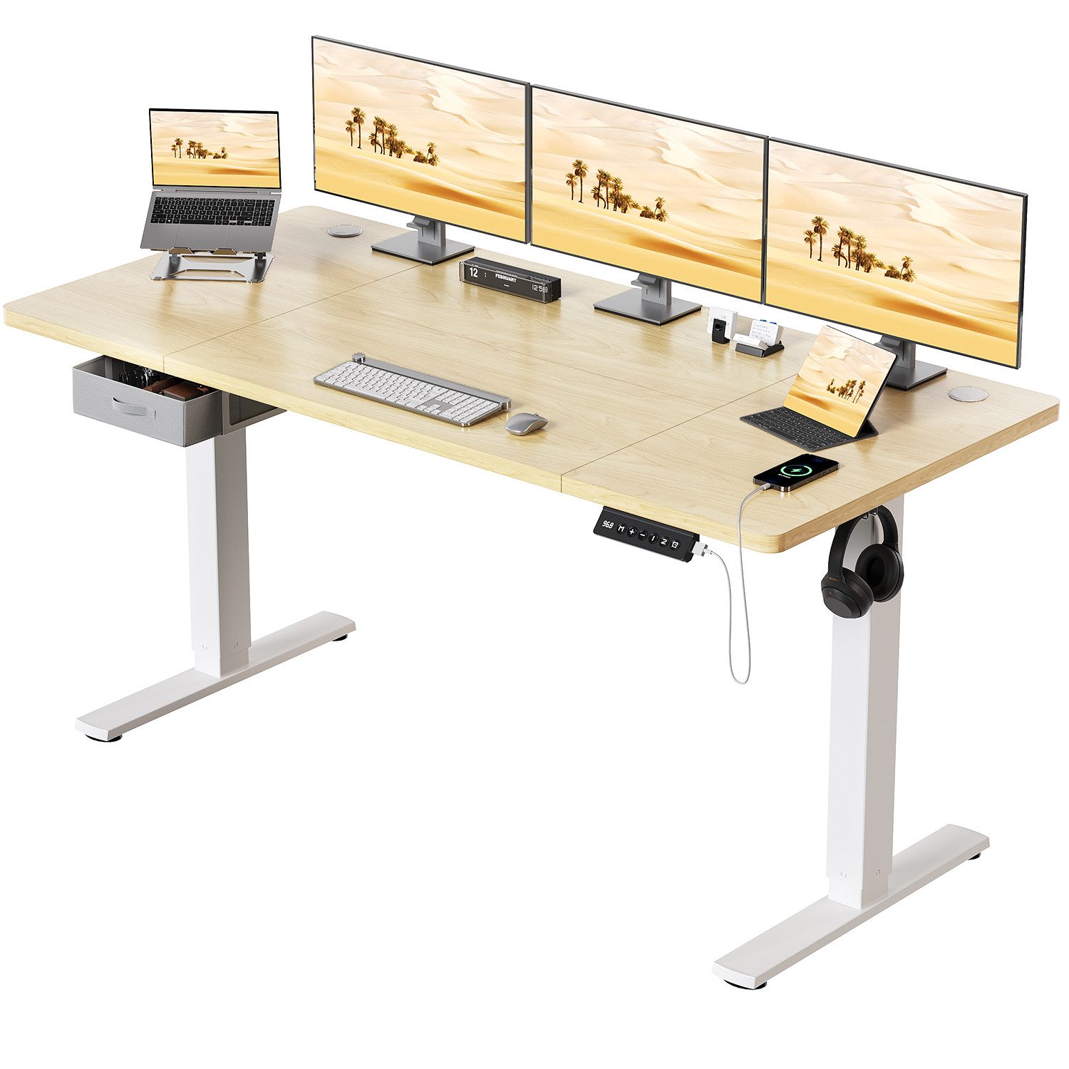 HOMALL Schreibtisch Schreibtisch Höhenverstellbarer mit Gedächtnis und Sitzerinnerung (Tischbreite 140/160/180^80 cm mit Schublade, ausgestattet mit USB-Ladeanschluss, bestehend aus vier Platten)