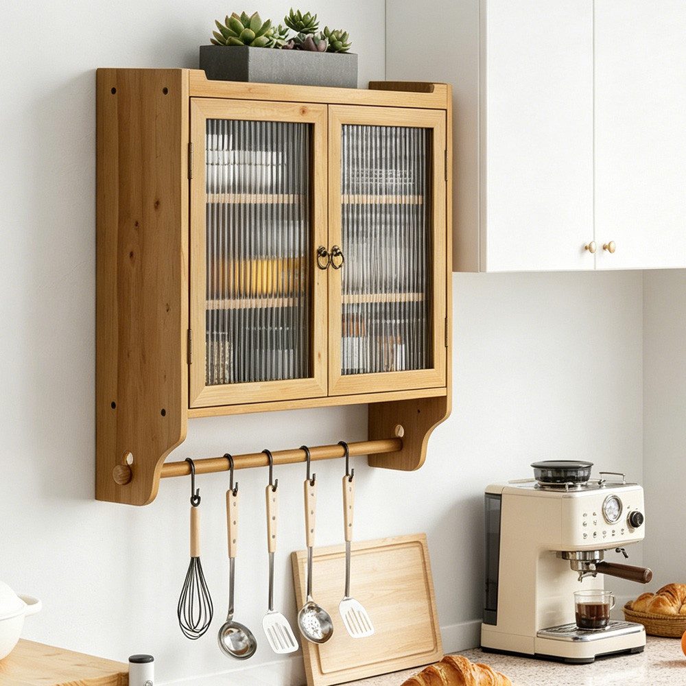 MODFU Hängeschrank Zweitüriger Wandschrank 70 cm,Stauraumschrank Hängevitrine (Vintage Glas-Wandregal mit Doppelglastüren und 3 Regalen – Wandmontage für Badezimmer, Küche, Esszimmer – Praktischer Handtuchhalter und Stauraum in Naturholzoptik) Gewichtskapazität: 5 kg pro Regal