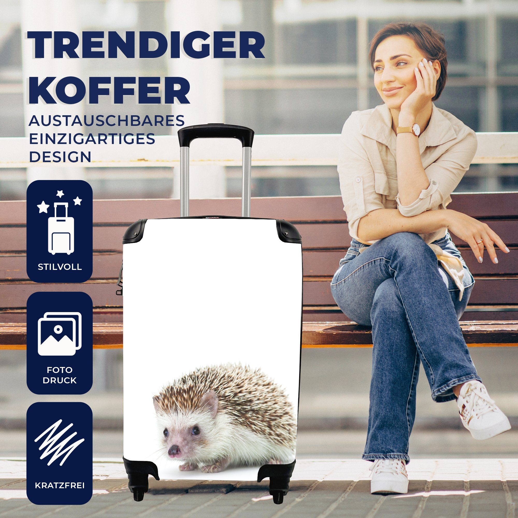 Trolley, 4 für Reisekoffer Rollen, Weiß, Ferien, Tiere Igel mit MuchoWow Handgepäck - Reisetasche rollen, - Handgepäckkoffer