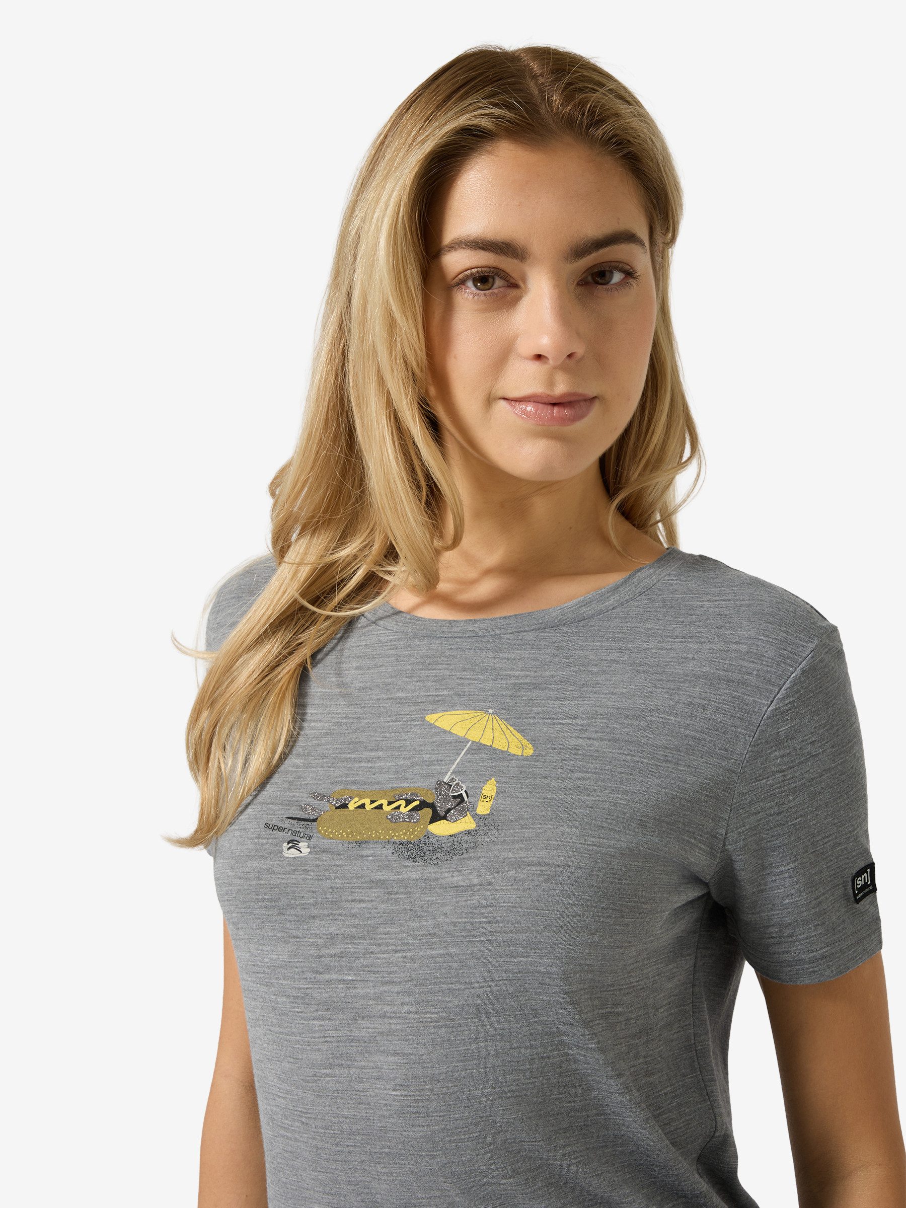 SUPER.NATURAL T-Shirt für Damen,Merino W HOT DOG TEE mit Tier-Motiv, atmungsaktiv