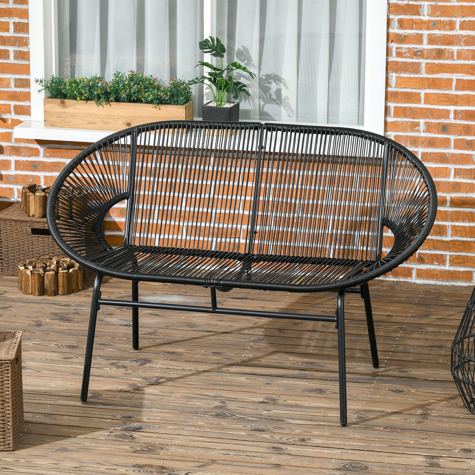 Outsunny Gartenbank Rattansessel, Outdoor Sessel, wetterfest, belastbar bis 240kg (Balkonbank, 1-St., Parkbank), für Terrasse, Balkon, Stahl, Schwarz
