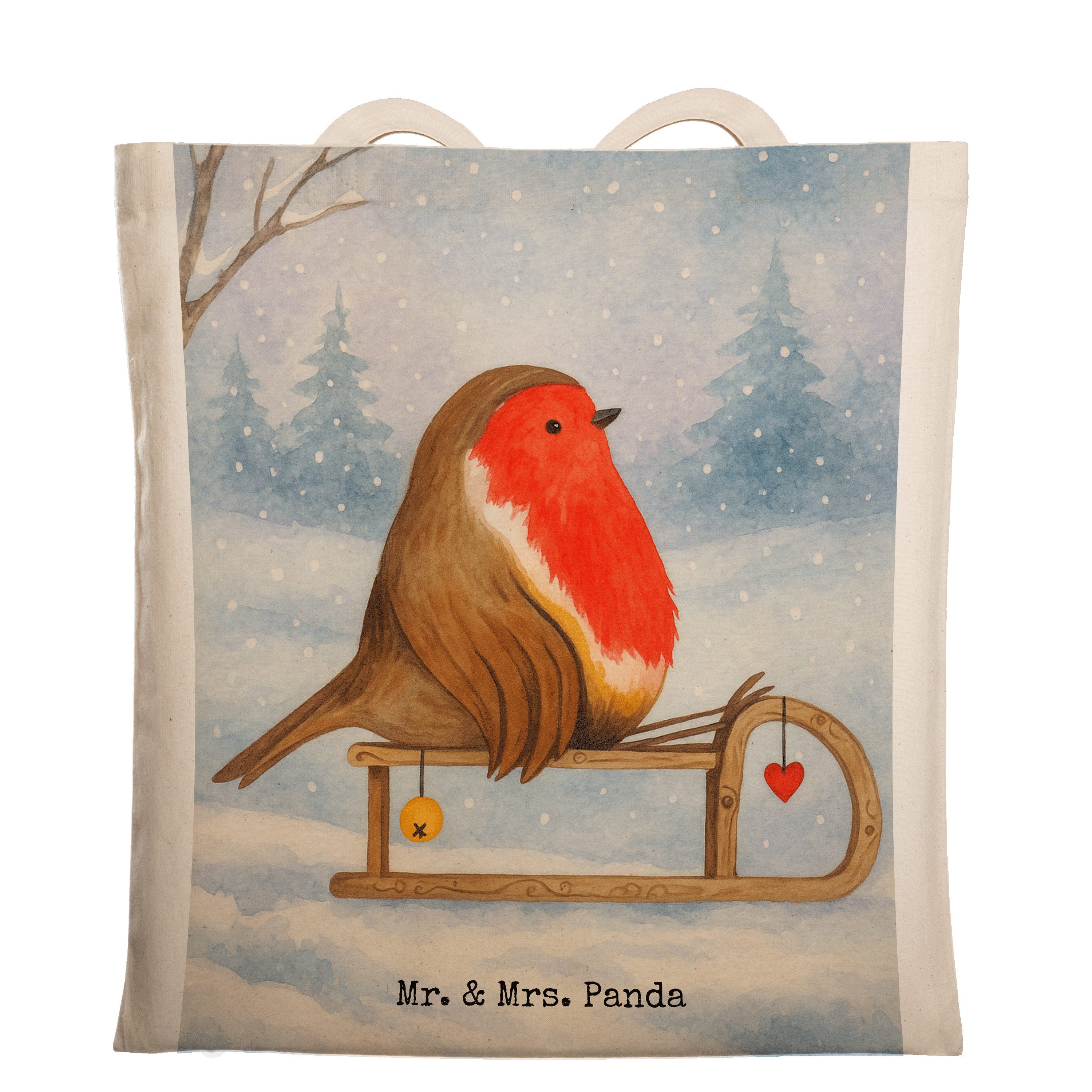 Mr. & Mrs. Panda Tragetasche Rotkehlchen Schlitten Design, Uni Tasche, Weiß, Tasche, Weihnachten, (Packung), Jutebeutel baumwoll shopper Baumwolltasche