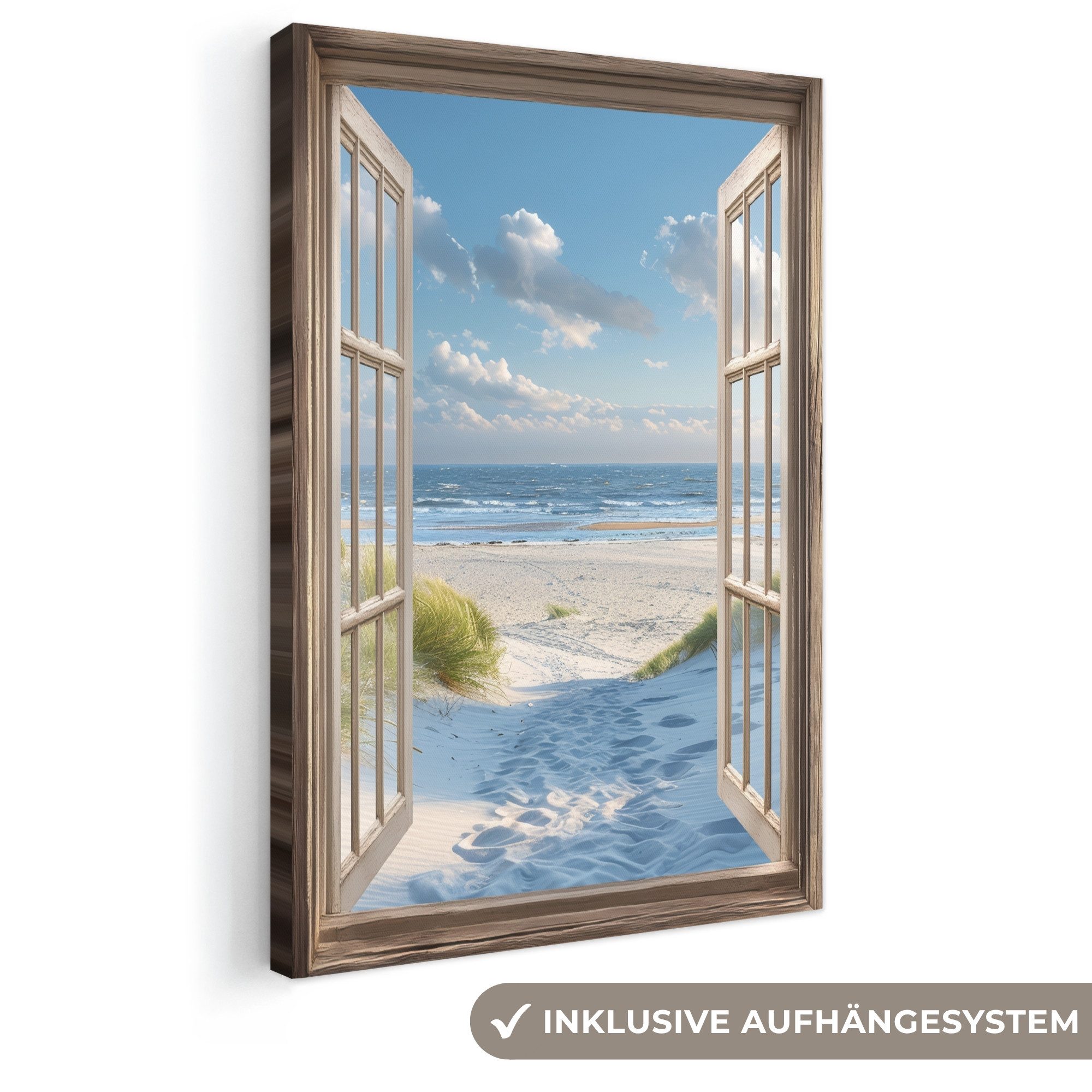 OneMillionCanvasses® Leinwandbild Aussicht - Strand - Fenster - Dünen - Meer, Fotodruck (1 St), Leinwand Canvas Wandbild, Wanddekoration 20x30 cm