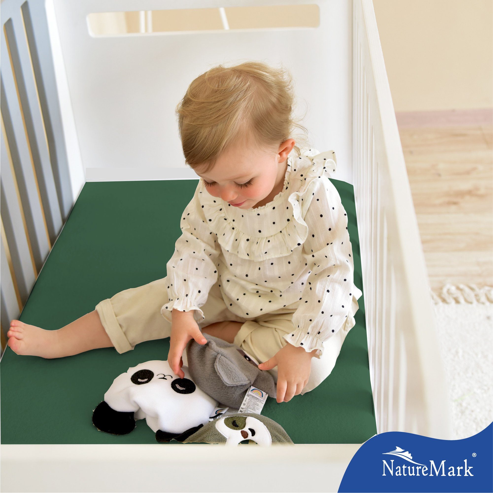 NatureMark Spannbettlaken Jersey Spannbetttuch, 100% Baumwolle, Gummizug: rundum, (2 Stück), Kinder Spannbetttuch, für Baby-/Kinderbett, 70x140 cm, Dunkel grün – Bild 4 von 4