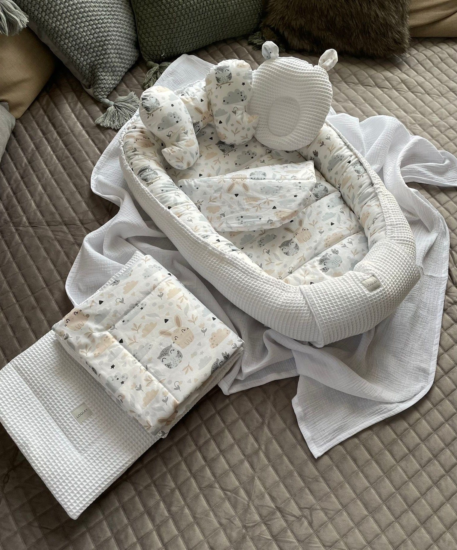 Loolay Bettnestchen Weiß WAFFELPIQUE/ HASE Beige Babynest Babyaustattung Ne günstig online kaufen
