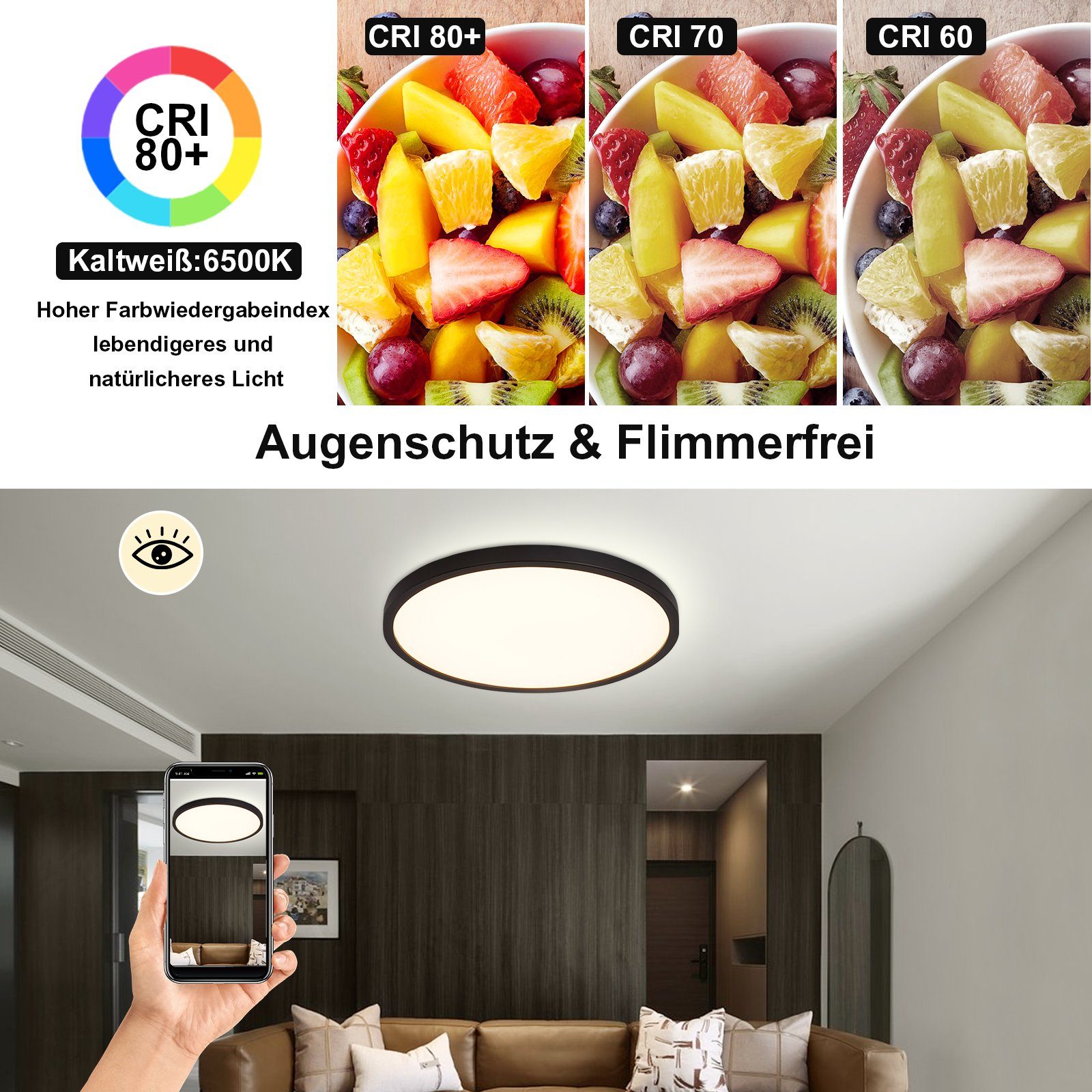 ohne Rund Fernbedienung Deckenlampe 3000-6000k, LED Flach 20w Rund, ZMH mit schwarz, Whonzimmer, Leuchtmittel, Deckenleuchte Dimmbar