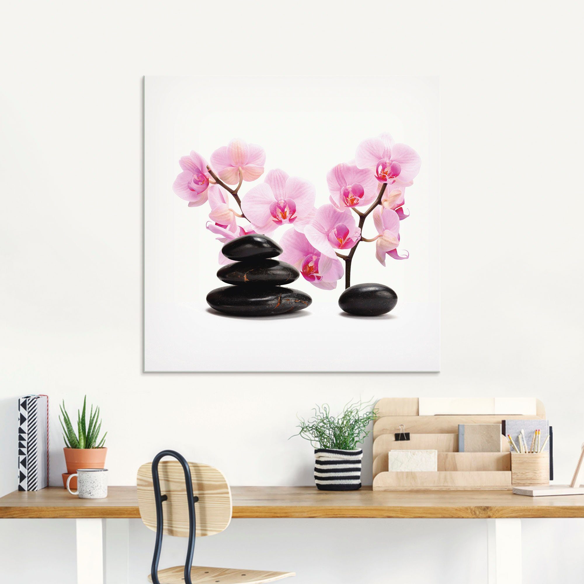 verschiedenen Glasbild in Größen Schwarze Zen Artland (1 und Steine St), pink Orchidee,