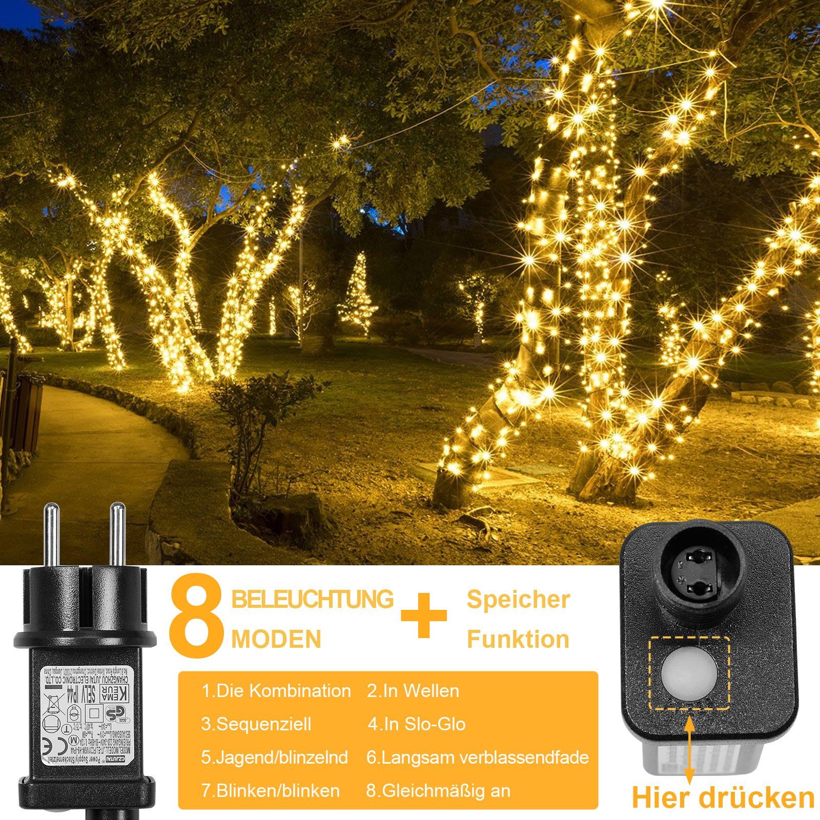 MUPOO LED-Lichterkette LED Lichterkette innen, Weihnachten Speicherfunktion, Lichterkette Modi,Timer 31V Weihnachtsbeleuchtung, außen 8 Energiesparen und
