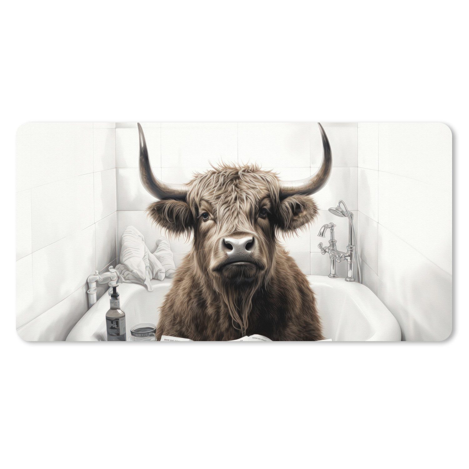 MuchoWow Mauspad Schottischer Highlander - Badewanne - Badezimmer - Zeitung (1-St), Mousepad mit Rutschfester Unterseite, Gaming XXL, Großes, 120x60 cm