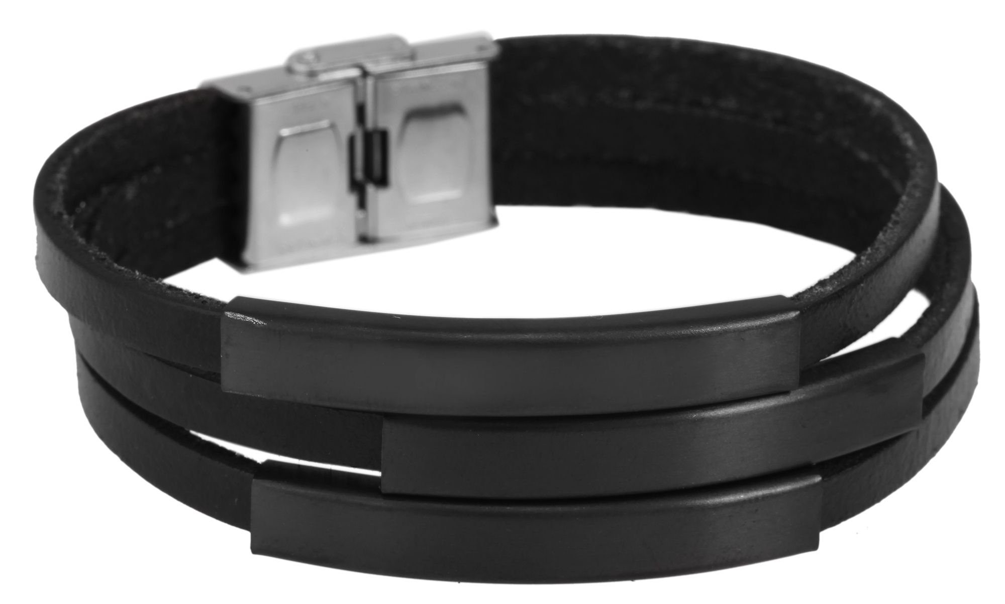 Echtleder AKZENT Gravurplatte Schwarz mehrreihig Armband Edelstahl mit Lederarmband (einzeln) aus Lux