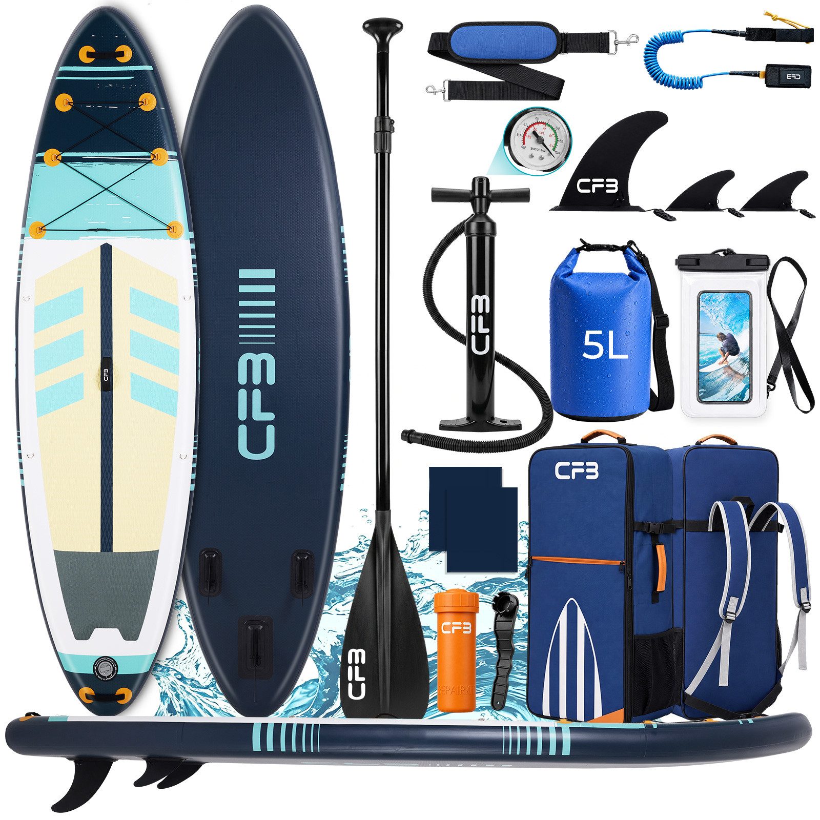 CFB SUP-Board Set 320x84x15 cm, Belastbarkeit 160 kg, Aufblasbares Stand Up Paddle Board, (mit 84 cm Standfläche & großem EVA-Deckpad, 12 tlg., SUP Set mit Paddel, Pumpe, Rucksack, Dry Bag, Handyhülle, Schultergurt), stabil, leicht und rutschfest, 3-Finnen-System für Anfänger