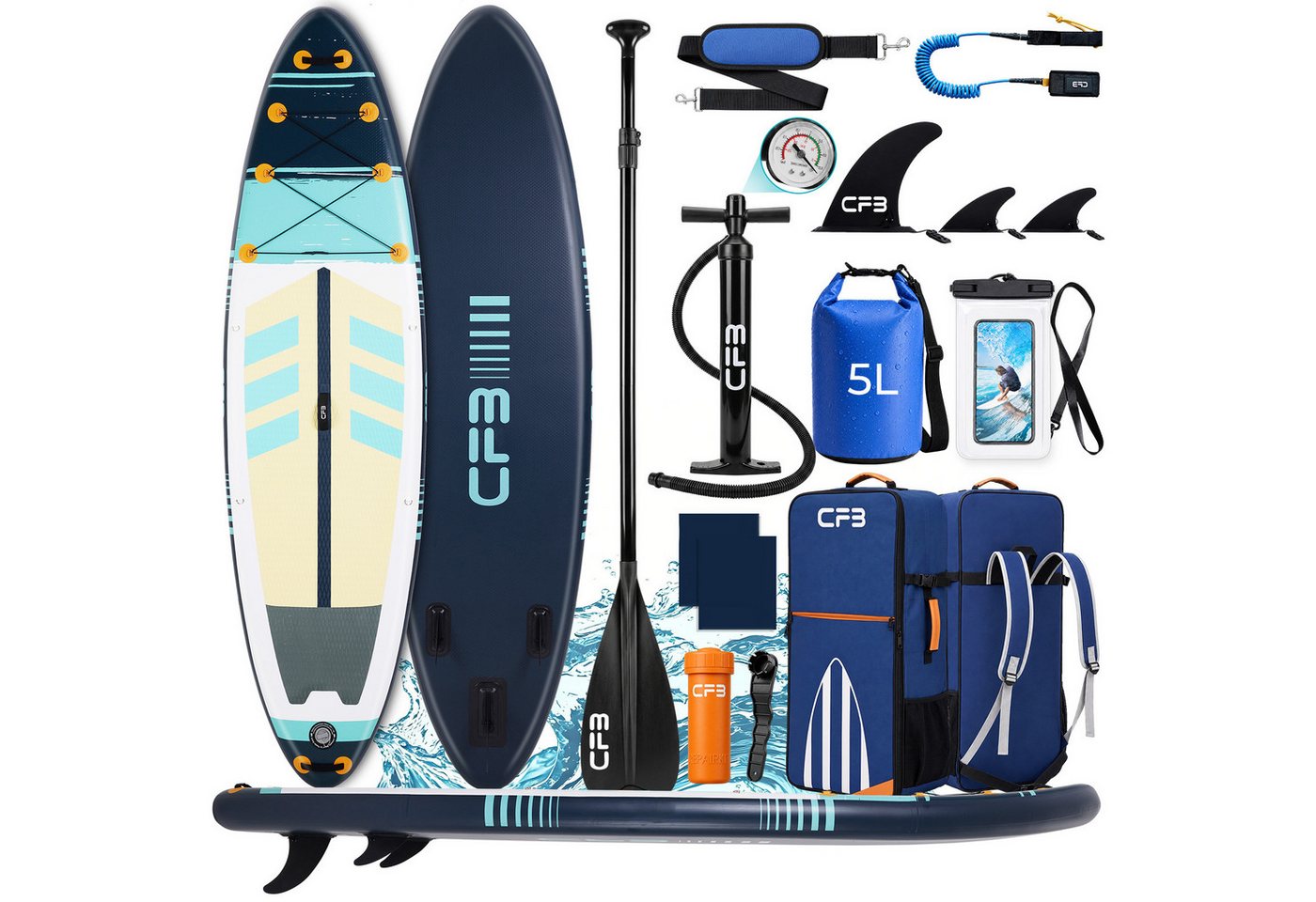 CFB SUP-Board Set 320x84x15 cm, Belastbarkeit 160 kg, Aufblasbares Stand Up Paddle Board, (mit 84 cm Standfläche & großem EVA-Deckpad, 12 tlg., SUP Set mit Paddel, Pumpe, Rucksack, Dry Bag, Handyhülle, Schultergurt), stabil, leicht und rutschfest, 3-Finne