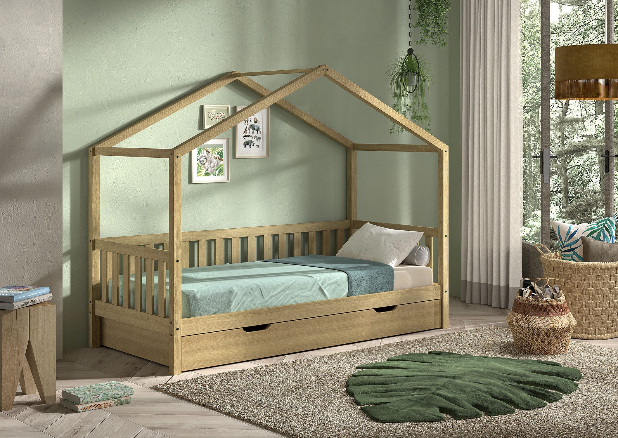 Vipack Hausbett Dallas aus massiver Eiche, natur geölt in zeitlosem Design (B/H/T ca. 210x170x97 cm) inkl. Massivholz Rolllattenrost), hochwertig verarbeitet, mit oder ohne Bettschublade auf Rollen