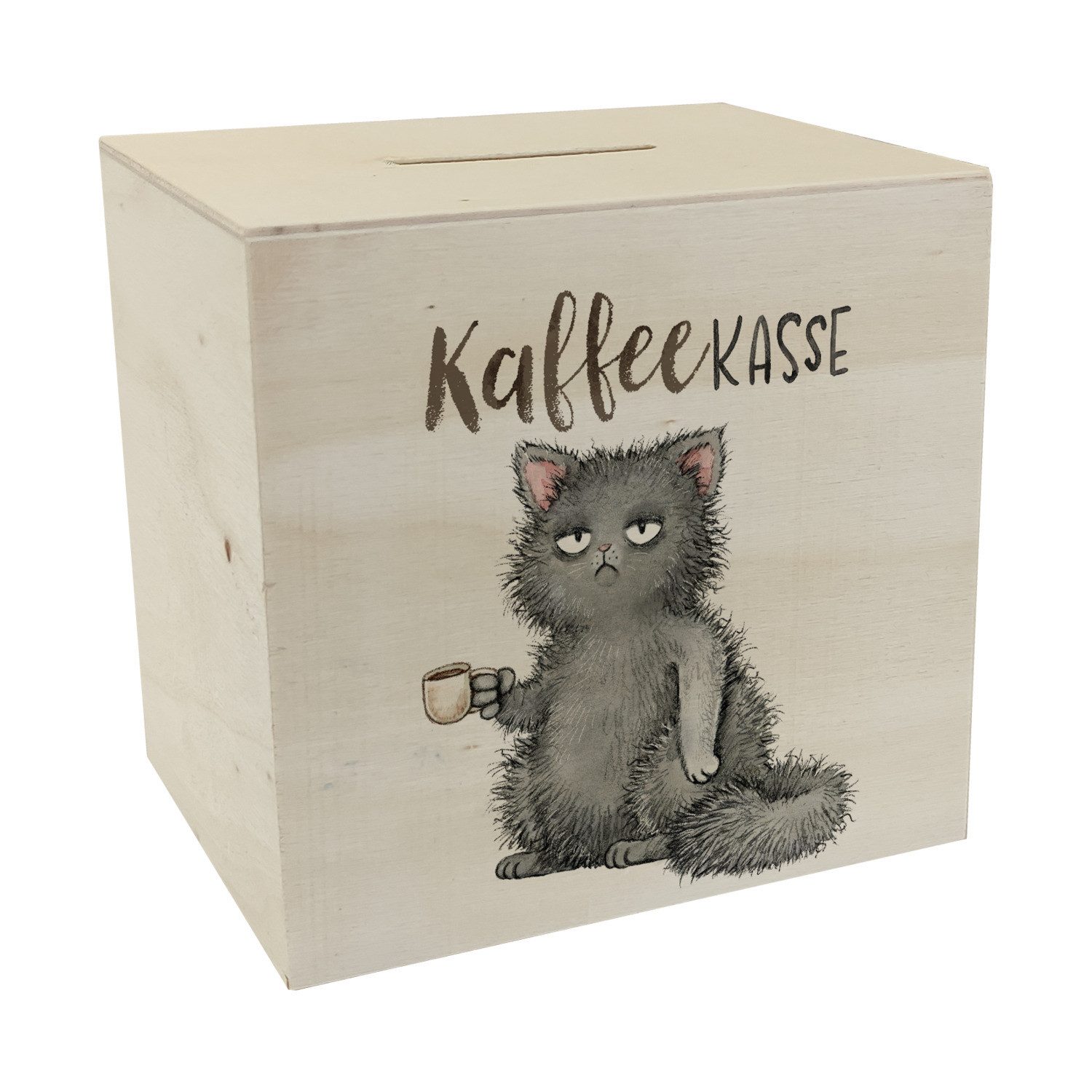 Spardose Katze mit Tasse Spardose aus Holz mit Spruch Kaffeekasse
