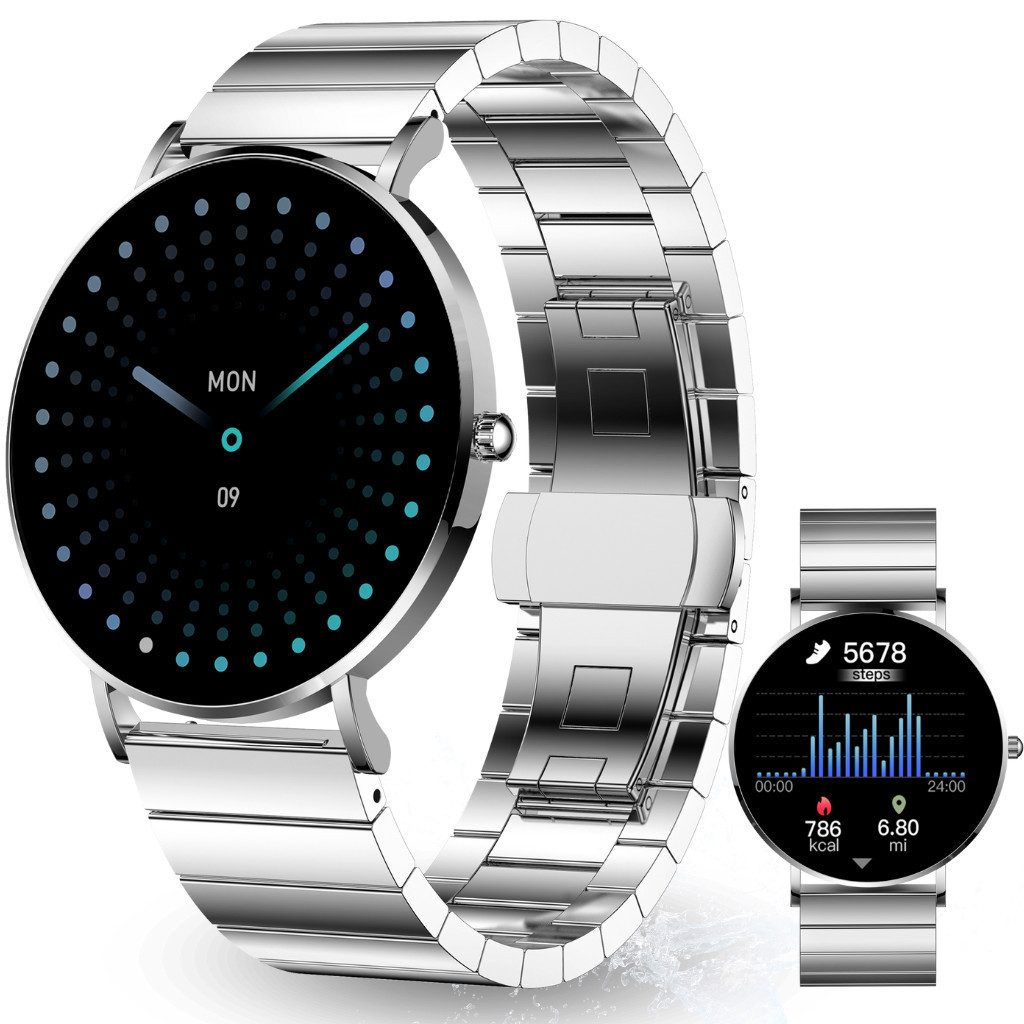 XCOAST SIONA2 UNISEX Smartwatch (4,2 cm/1,3 Zoll, iOS, Android), Edelstahl, 7 Tage Akku, Wasserdicht, Flach, Puls/Blutdruck, 7 Tage Akku, …