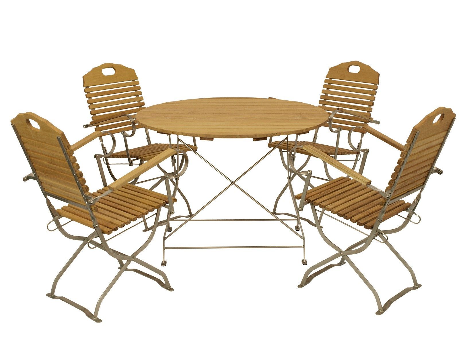 TPFGarden Sitzgruppe BAD-BELZIG, (Gartenessgruppe - Kurgarten - Garnitur 5-teilig -, 5-tlg., Gartenmöbel Set Flachstahl verzinkt - Robinie), (4x Armlehnensessel, 1x Tisch 100cm rund)