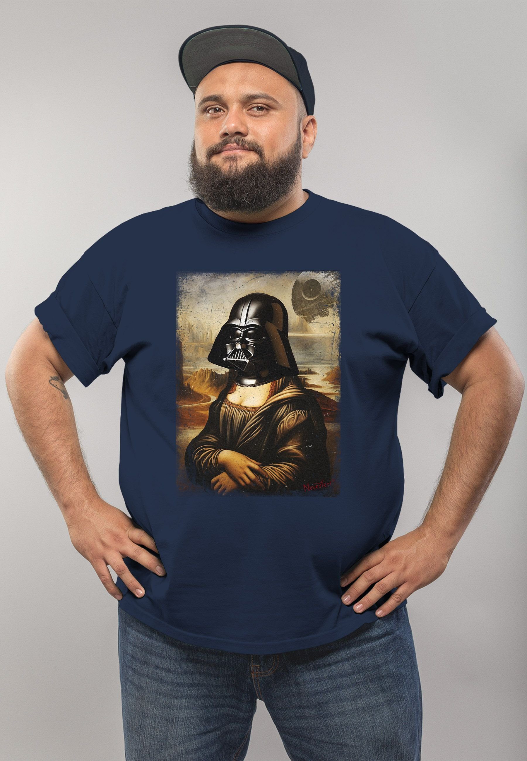 Darth MoonWorks Herren Print Lisa Mona Print-Shirt Aufdruck navy mit Parodie T-Shirt Kapuzen-Pullover Meme Print Lisa