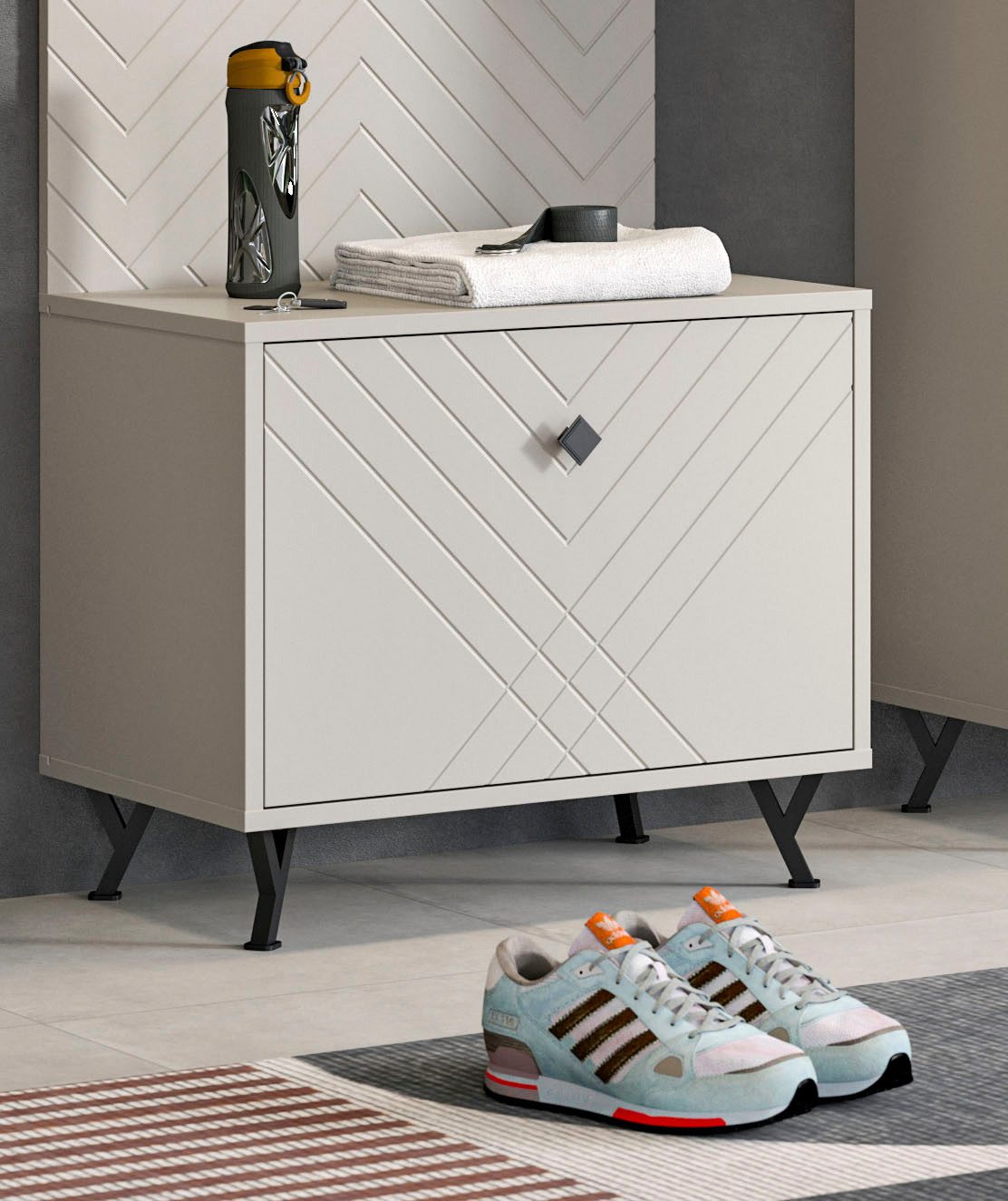 Home affaire Sitzbank Mento, Breite 57 cm, 1 Klappe, 1 Fach, Metall Knopfgriff & Y-Füße, Klappe mit Ornamentfräsung, Truhe, Flurbank, Garderobe, Flur, Diele