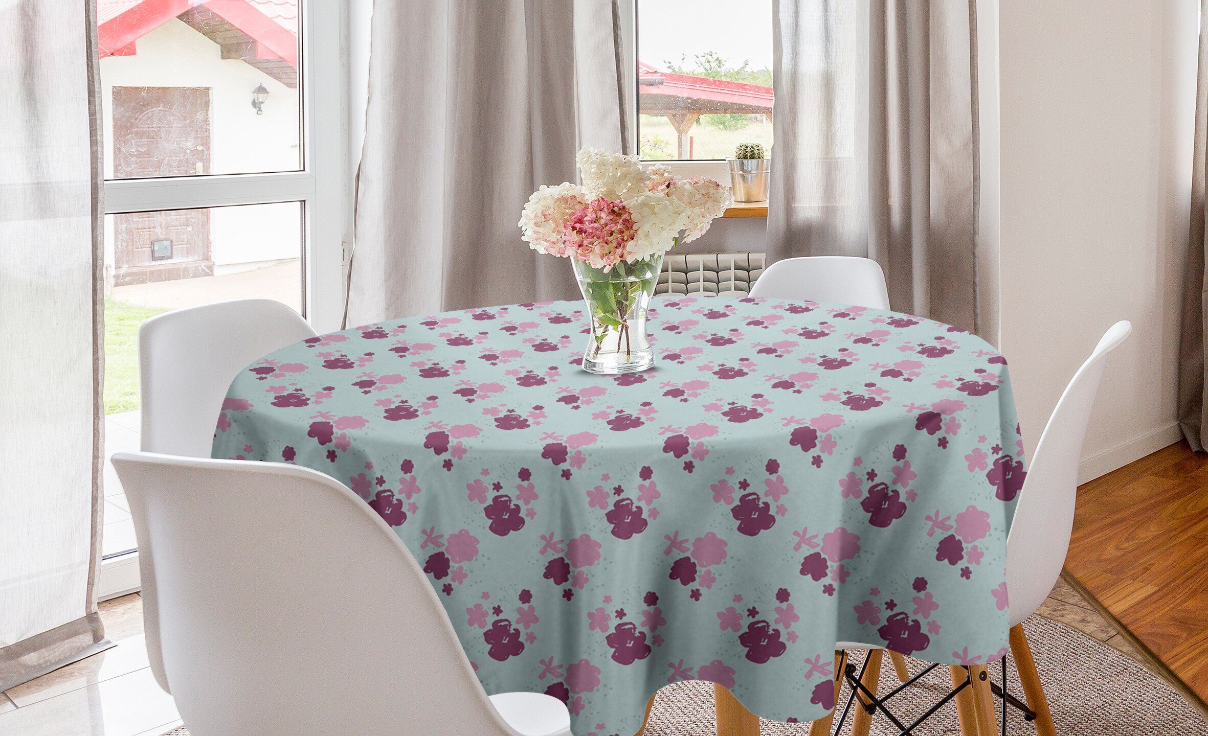 Abakuhaus Tischdecke Kreis Tischdecke Abdeckung für Esszimmer Küche Dekoration, Floral Cartoon Gezeichnet Rosa Blume