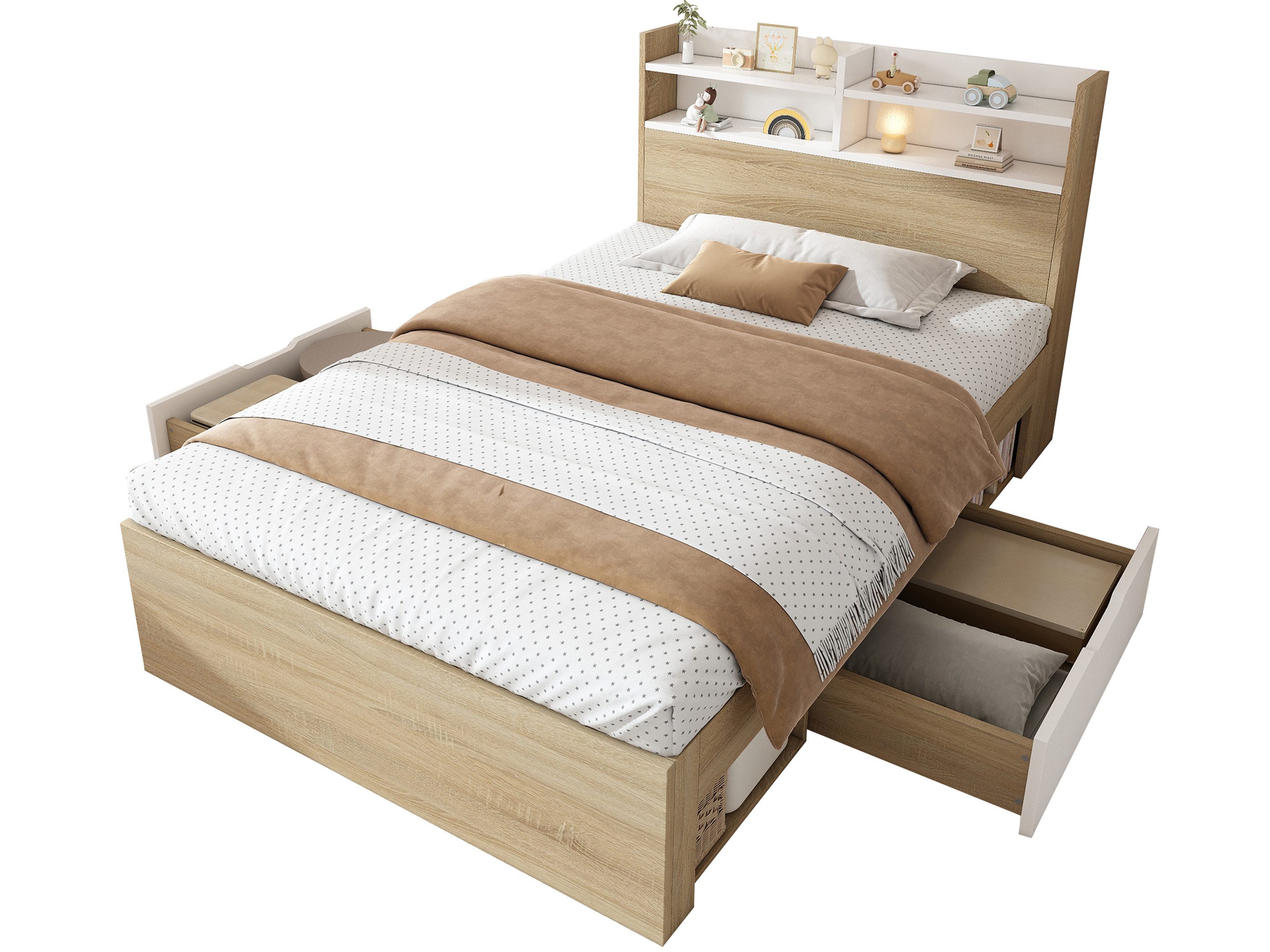 SeedWave Holzbett Stauraumbett mit Lattenrost, 2 Schubladen, Ablagefächer 90×200cm, zweifarbiges Einzelbett mit Bettkästen unter dem Bett