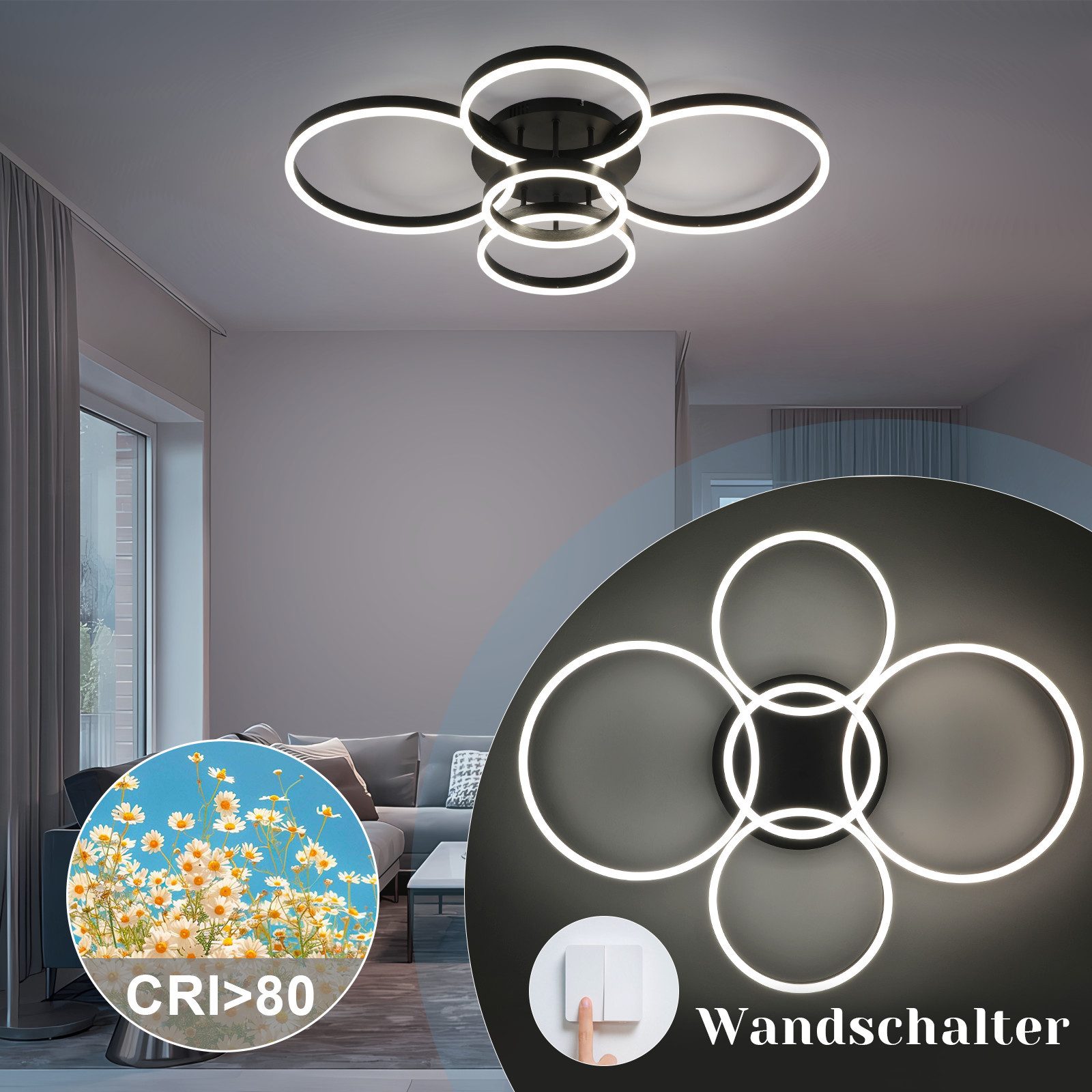 Nettlife LED Deckenleuchte Dimmbar Wohnzimmer Gold 2 Ring 46W 59CM Modern, Dimmbar mit Fernbedienung, LED fest integriert, Geeignet für Wohnzimmer, Schlafzimmer, Küche, Esszimmer, Büro