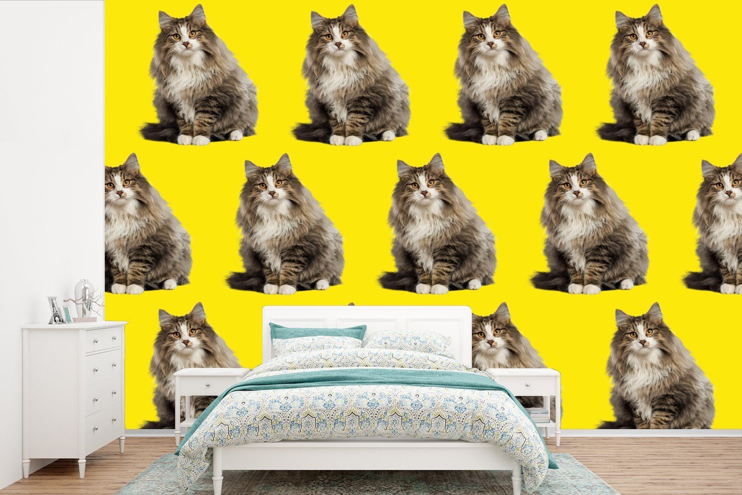 MuchoWow Fototapete Katze - Muster - Gelb, Matt, bedruckt, (6 St), Wallpaper für Wohnzimmer, Schlafzimmer, Kinderzimmer, Vinyl Tapete