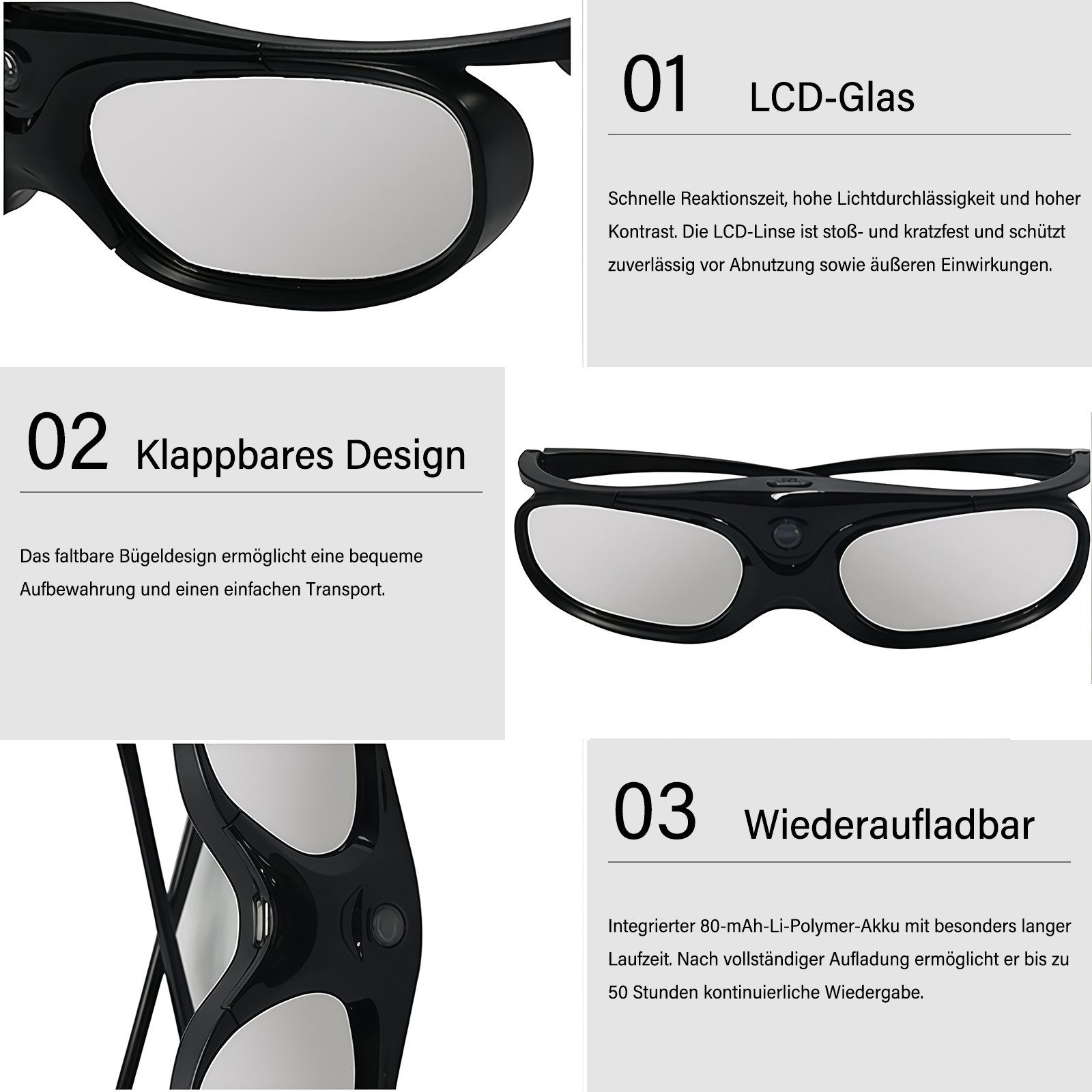 MOPUEA 3D-Brille 2tlg Aktive Shutterbrille kompatibel mit DLP 3D Beamer Faltbar USBAkku, Leicht faltbar mit bis zu 50 Std. Akkulaufzeit
