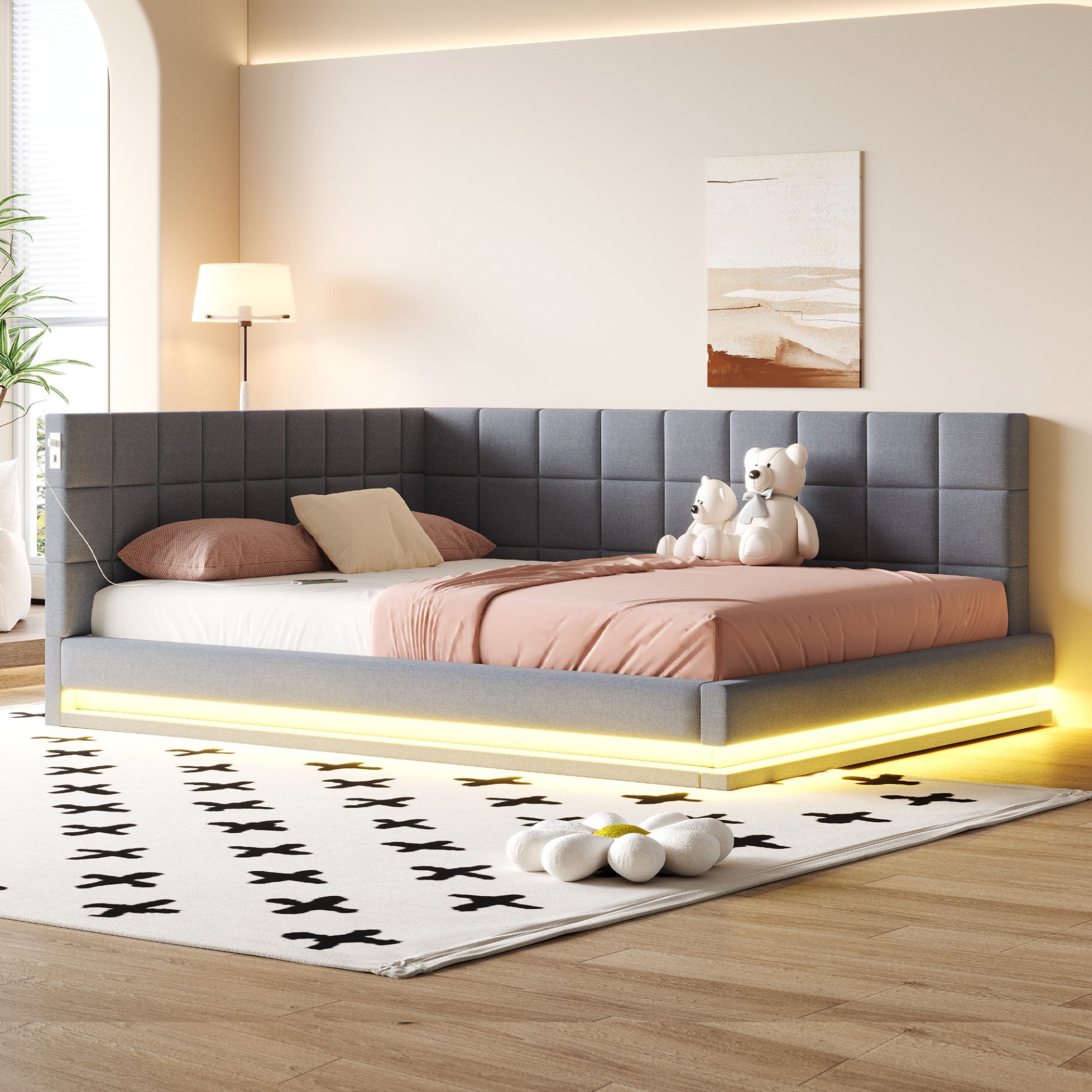 Merax Daybett mit LED und USB-Steckdose (1 tlg), Polsterbett Tagesbett Schlafsofa 160x200cm mit Lattenrost, Leinen – Bild 3 von 5