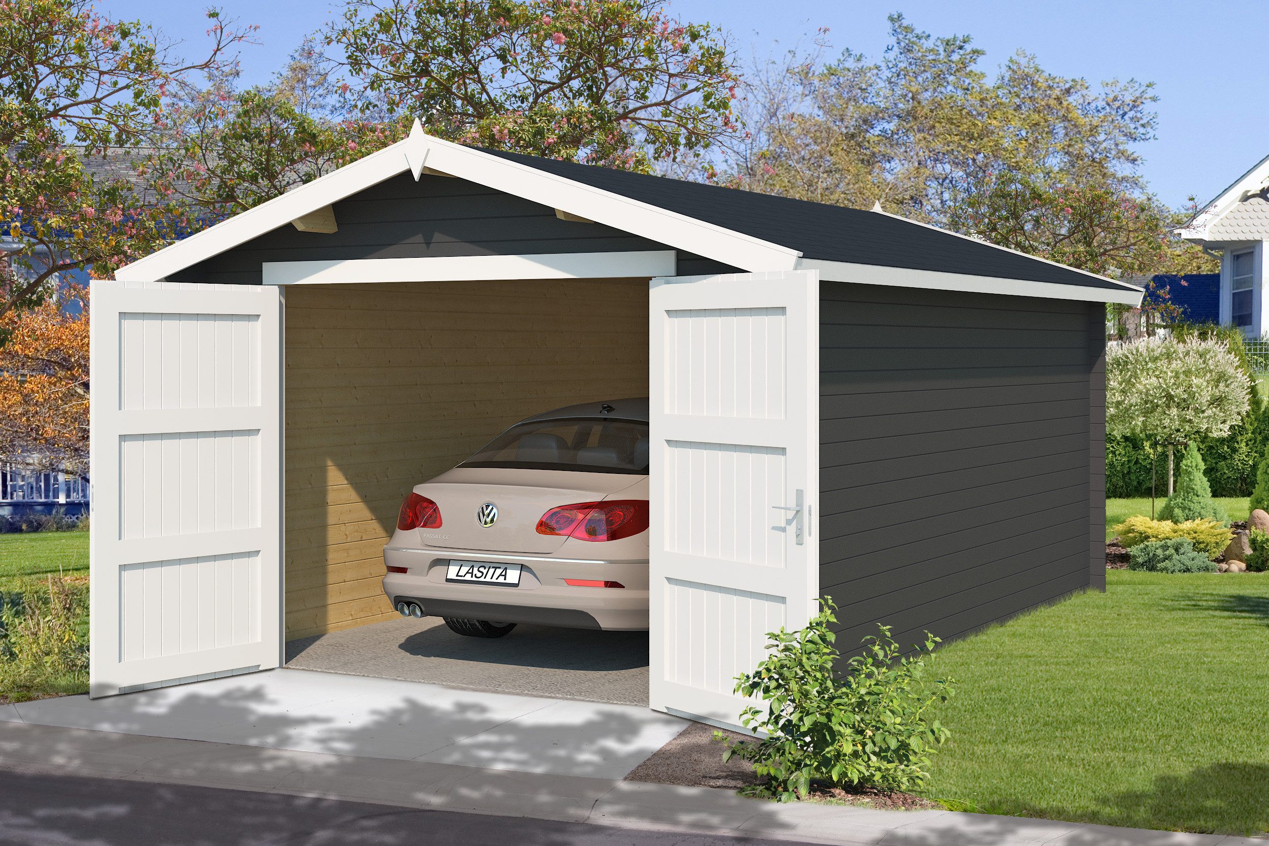 Nordic Holz Einzelcarport MAURITIUS 34, BxT: 381,8x560 cm, 197 cm Einfahrtshöhe, breites Vollholz-Garagentor