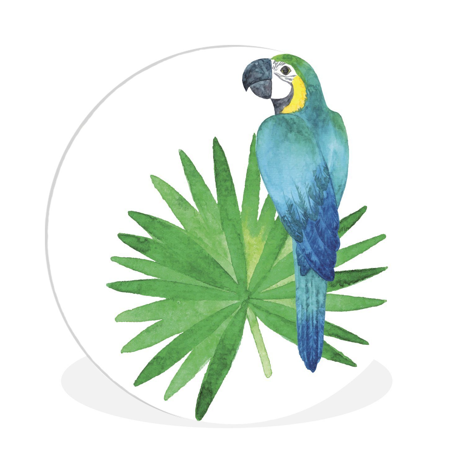 MuchoWow Gemälde Eine Illustration eines blauen Papageis auf einem Blatt, (1 St), Kreis Wanddekoration Forex, Rundes Wandbild, Wohnzimmer, 30x30 cm