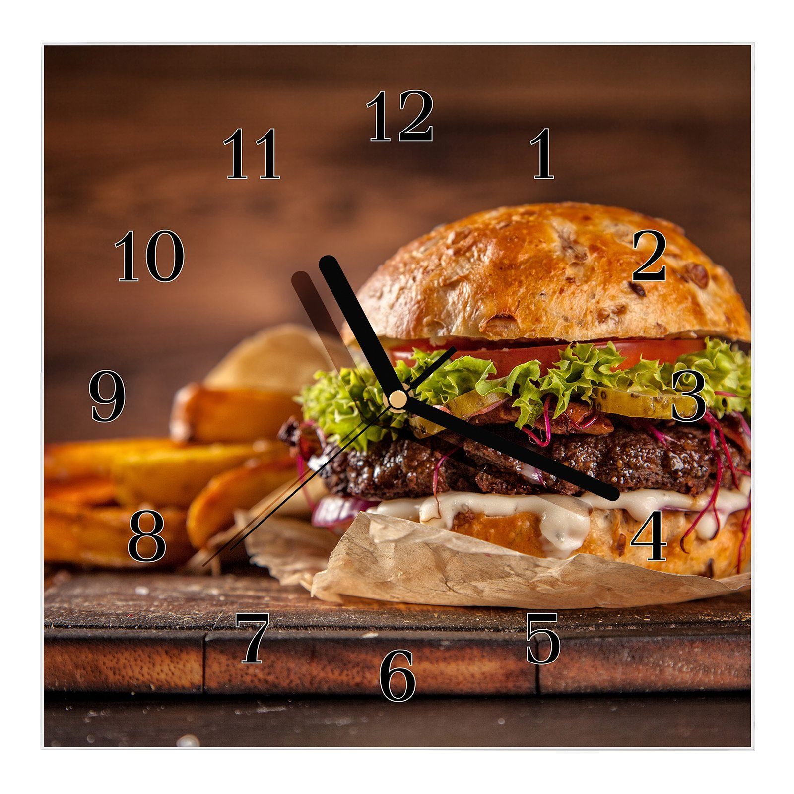 Primedeco Wanduhr Glasuhr Wanduhr Wandkunst Größe 30 x 30 cm mit Motiv Burger und Kartoffelschnitze