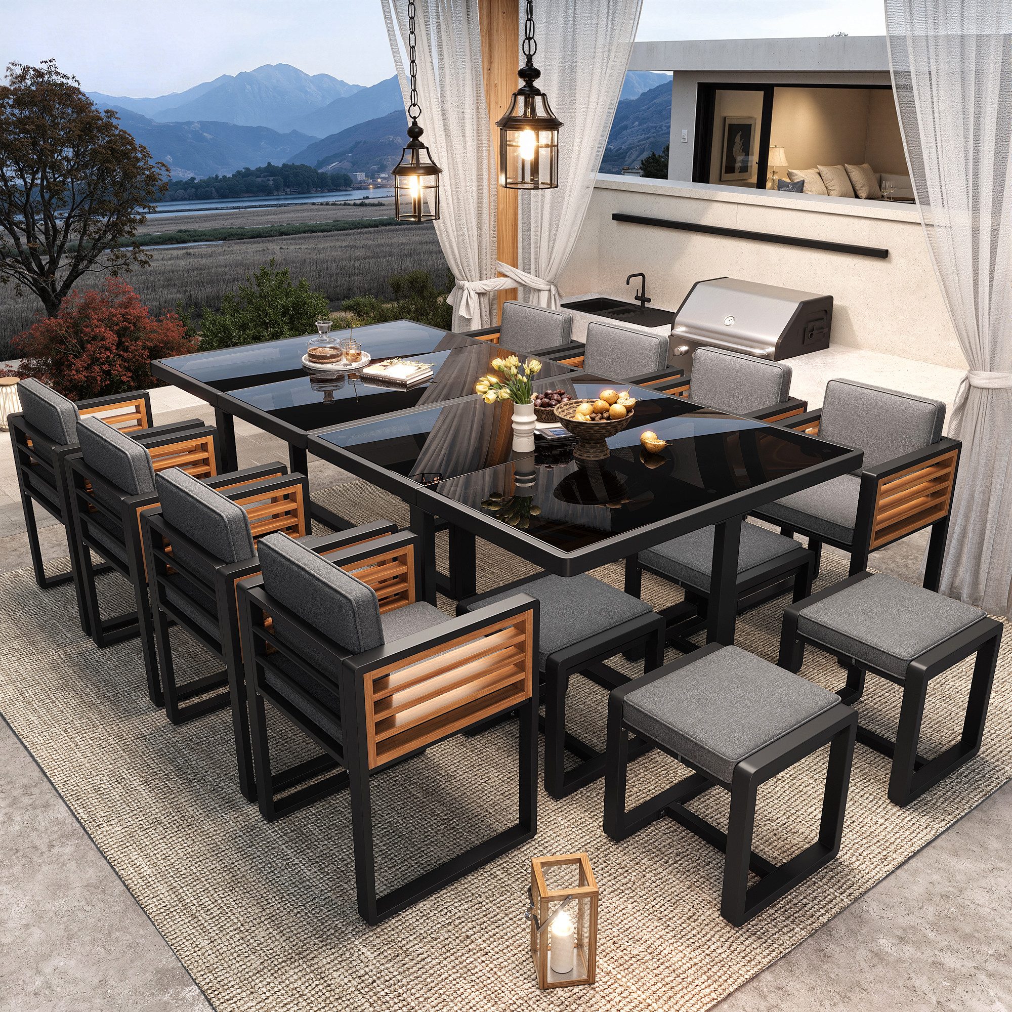 MODFU Gartenlounge-Set Elegante Gartenlounge, (mit Glastisch, 6 wetterfesten Stühlen & Kissen, moderne Gartengarnitur für Garten, Terrasse & Balkon, 1-tlg)