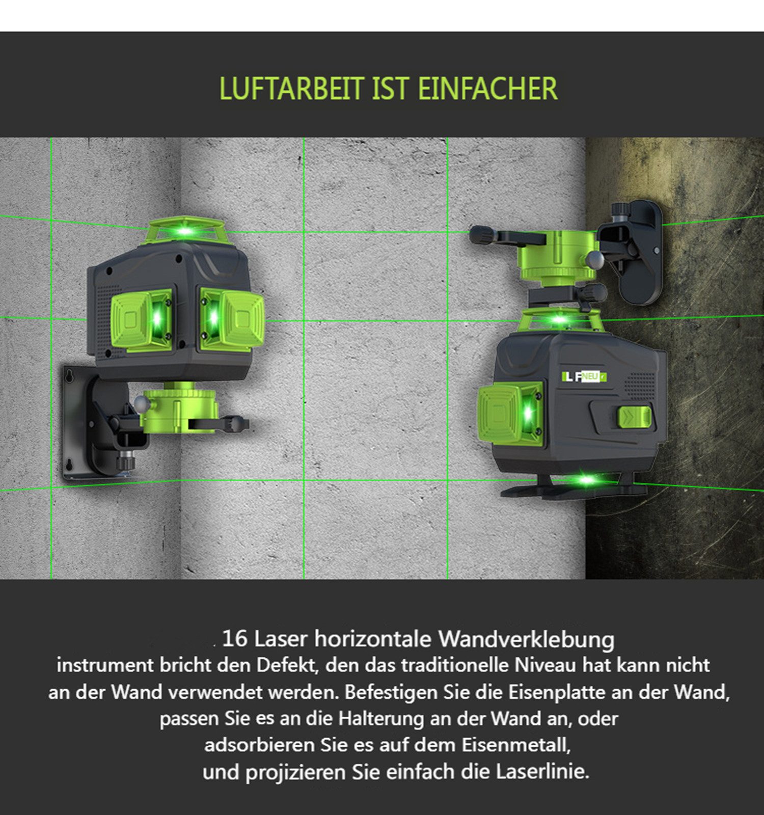 Insma Kreuzlinienlaser, 4D 16-Linien Kreuzlinienlaser, selbstnivellierend, 2 Akkus, 4800 mAh