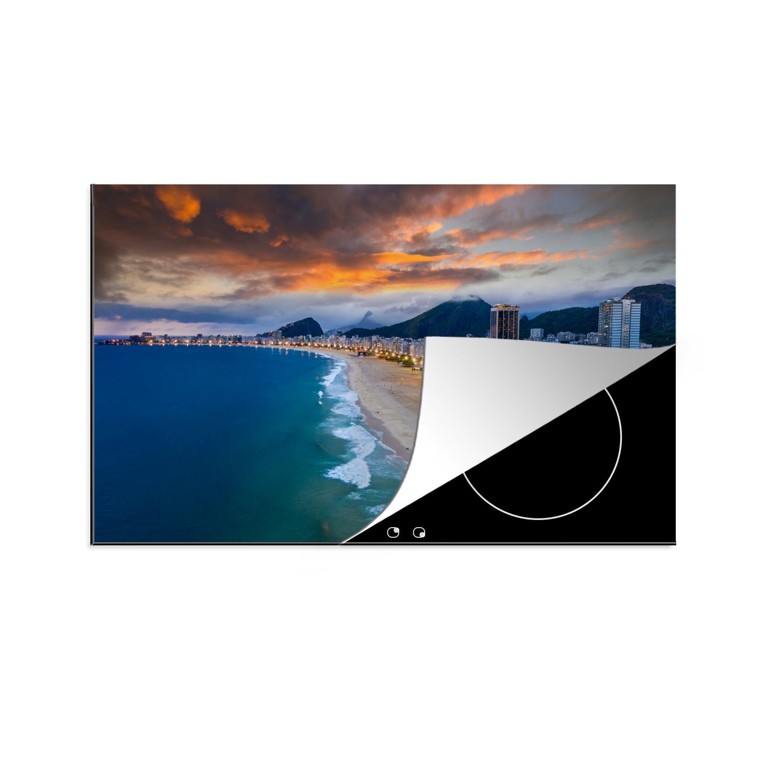 MuchoWow Herdblende-/Abdeckplatte Copacabana Strand bei Sonnenuntergang, Vinyl, (1 tlg), 81x52 cm, Induktionskochfeld Schutz für die küche, Ceranfeldabdeckung