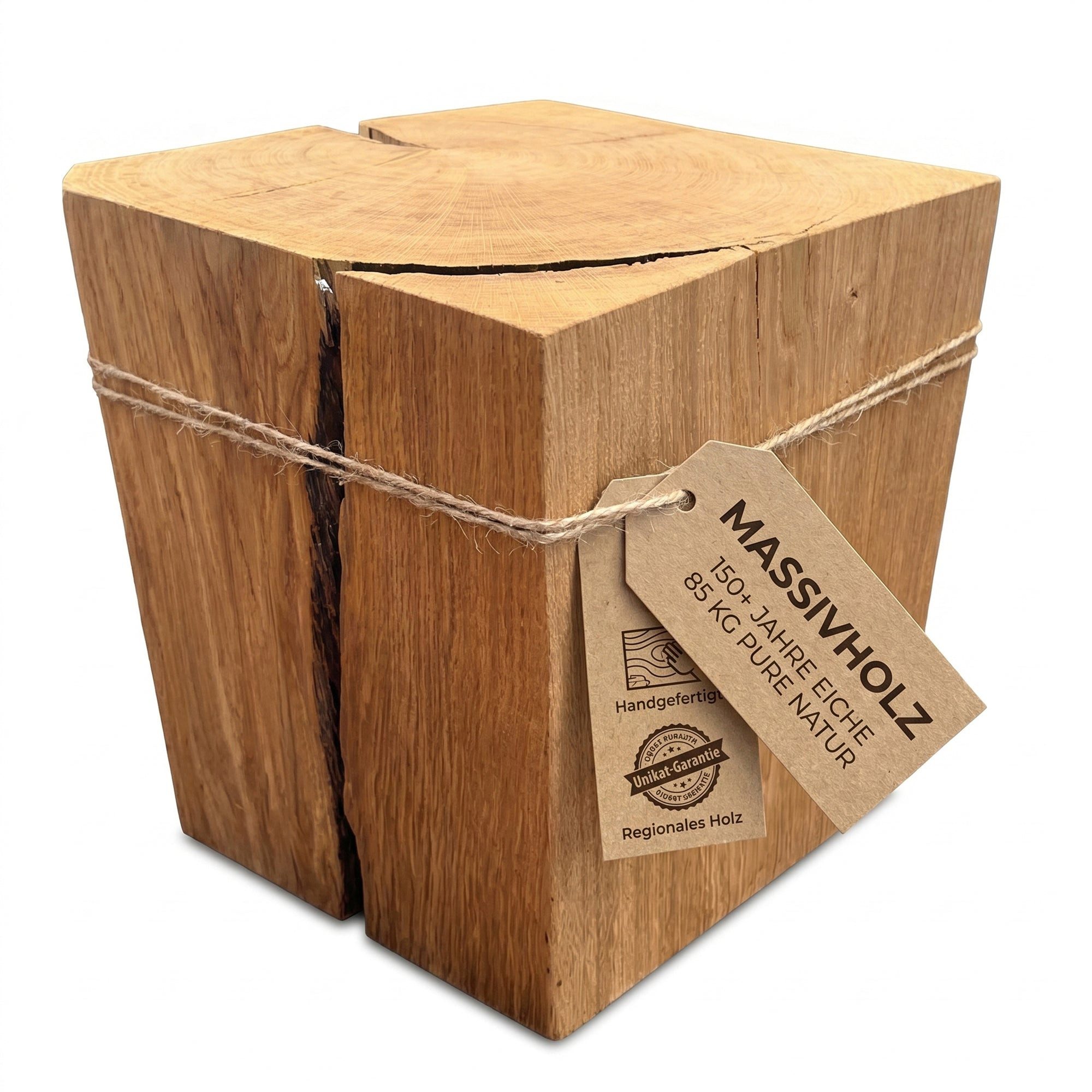 Kibun Beistelltisch Couchtisch Baumstamm-Holzwürfel (aus massiver Eiche 85 kg - Unikat), Vollholztisch aus Regionalen Wäldern