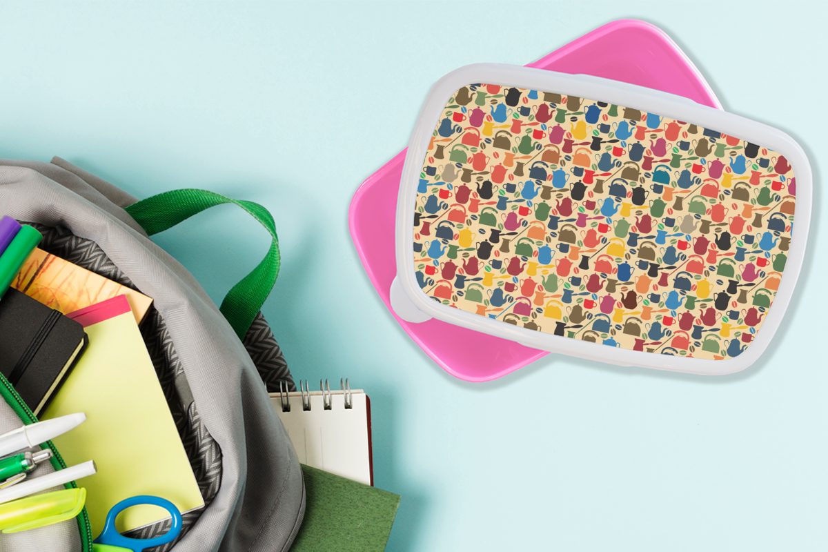 MuchoWow Lunchbox Muster für - Kunststoff, rosa (2-tlg), Teekanne Erwachsene, Snackbox, Mädchen, Kaffee Retro, - - Brotdose Brotbox Kinder, Kunststoff