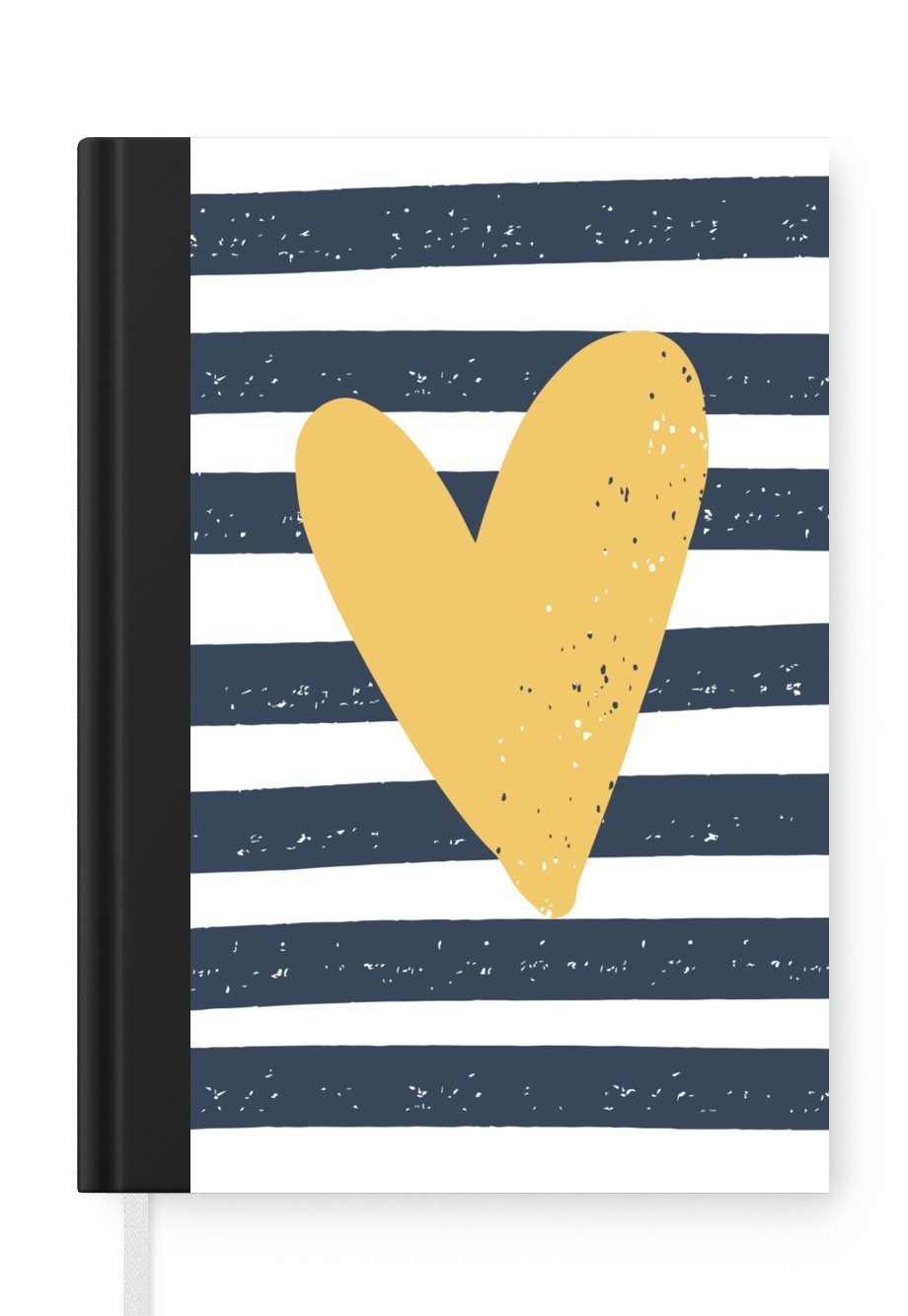 MuchoWow Notizbuch Illustration eines gelben Herzens auf einem weiß-grau gestreiften, Journal, Merkzettel, Tagebuch, Notizheft, A5, 98 Seiten, Haushaltsbuch