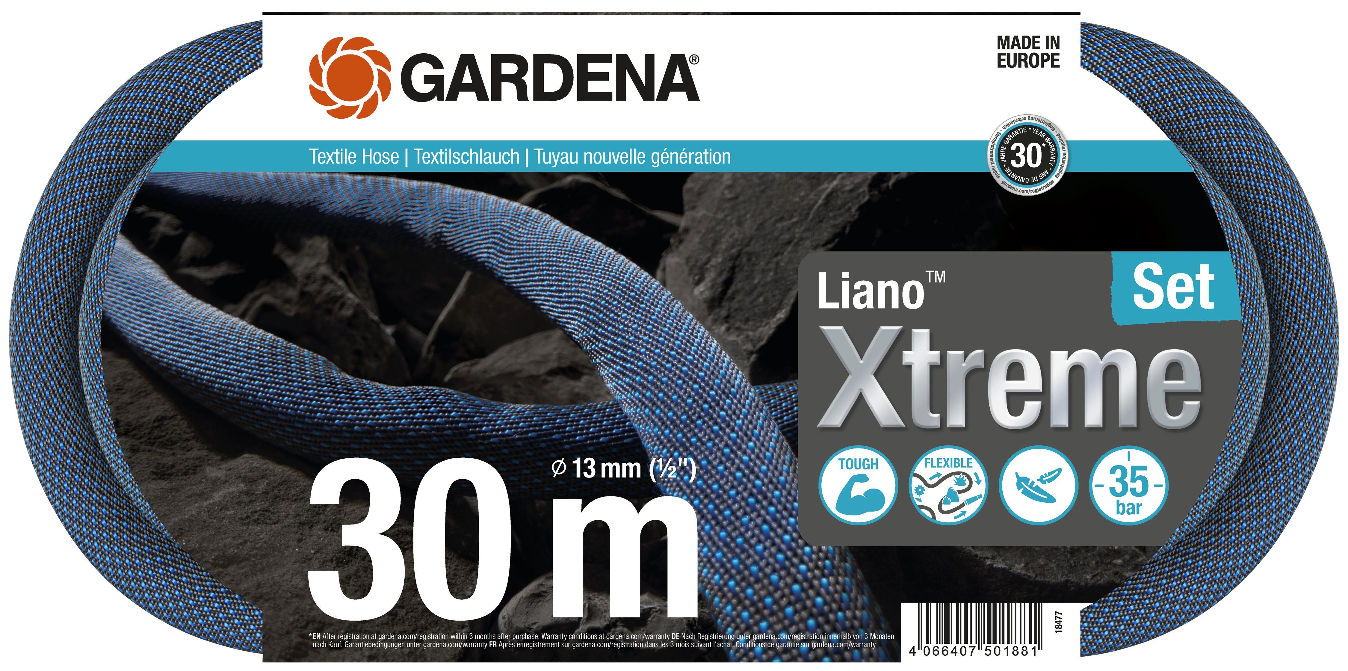 GARDENA Gartenschlauch Textil Liano™ Xtreme 30 m Set, Schlauch ist bis zu 50 % leichter als herkömmliche PVC-Schläuche