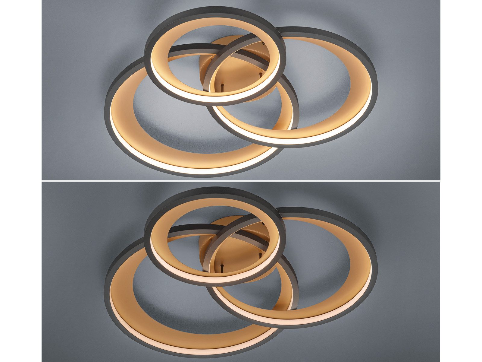 TRIO Leuchten LED Deckenleuchte Breite 71,5cm, Dimmfunktion, LED fest integriert, stufenweise dimmbar über Schalter, warmweiß, Große ausgefallene Deckenlampe flach mit 3 Ringen