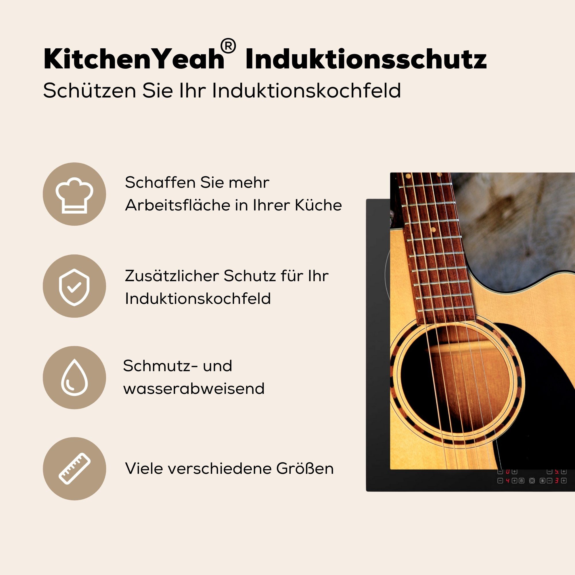 MuchoWow Herdblende-/Abdeckplatte Eine akustische Gitarre küche für Vinyl, Holzsockel, Ceranfeldabdeckung, cm, (1 einem tlg), auf 78x78 Arbeitsplatte