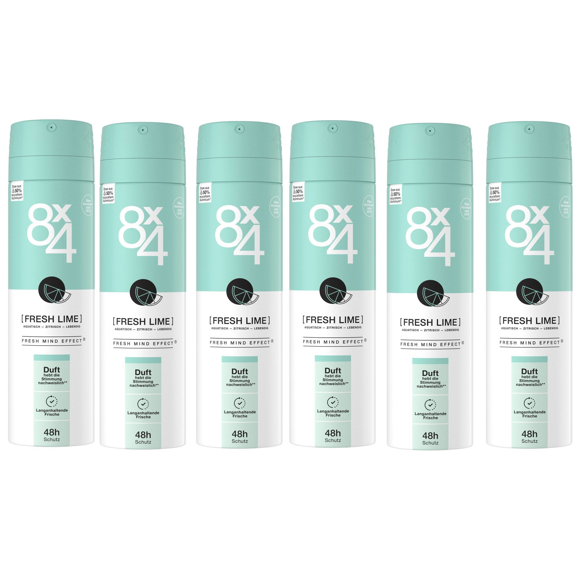 8x4 Deo-Spray Fresh Lime 6 x 150ml, 48h zuverlässiger Deoschutz, Packung, 6-tlg., 48H Non-Stop Trockenschutz
