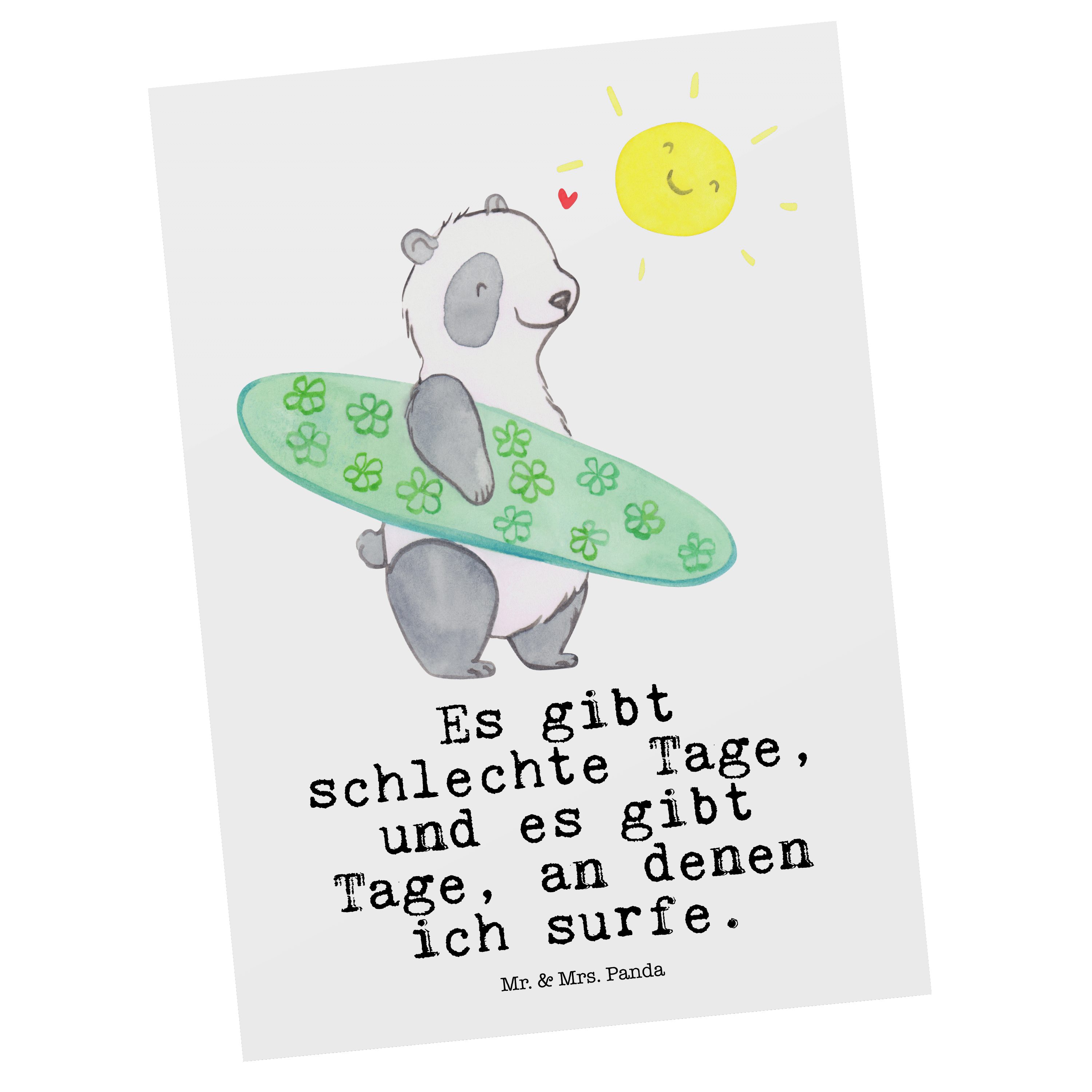 Mr. & Grußkarte, Tage Panda Postkarte Panda Geschenk, Hobby, Spo Mrs. - Einladung, - Weiß Surfen