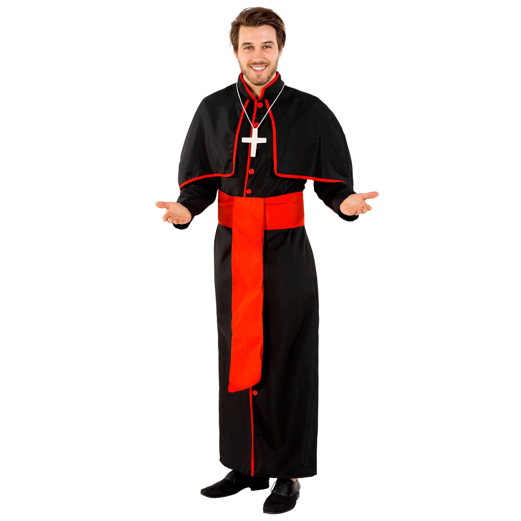 dressforfun Kostüm Mönch/Prediger, in schwarz, Himmlische Kreuzkette, Angenähtes Cape, Gr. XXL, Lange Kardinalsrobe, Kardinalsgürtel mit Klettverschluss