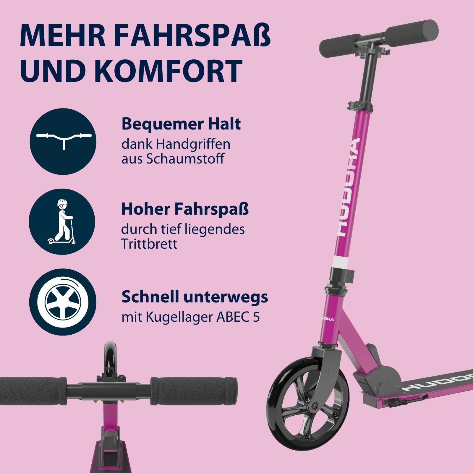 Hudora Cityroller Scooter Start 200 Höhenverstellbarer & zusammenklappbarer Cityroller, Kinder- & Erwachsenenroller für bis zu 100kg mit Ständer