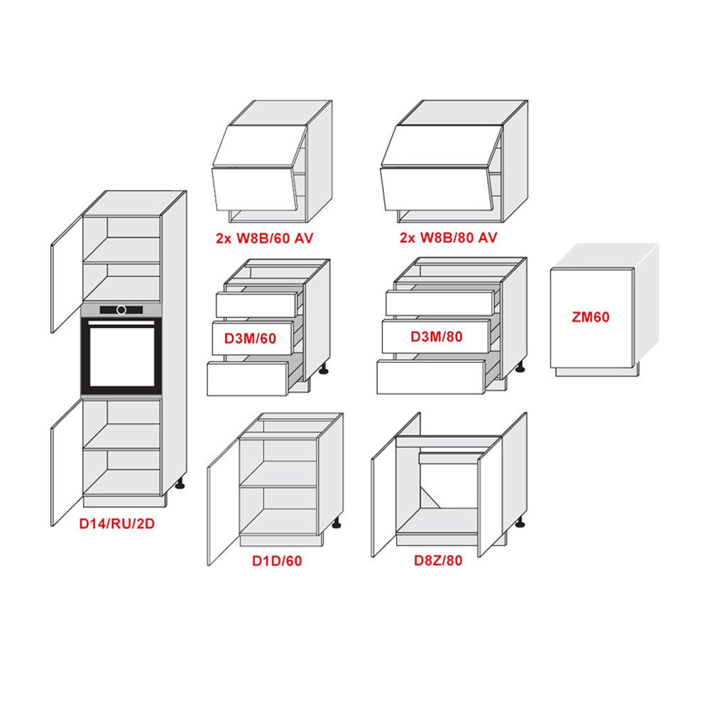 Feldmann-Wohnen Küchenzeile Kvantum, (Schubladen mit Teilauszug + Selbsteinzug (Blum Metabox), 400x59x207cm weiß/dust grey matt, Hängeschränke mit Hochfaltklappe