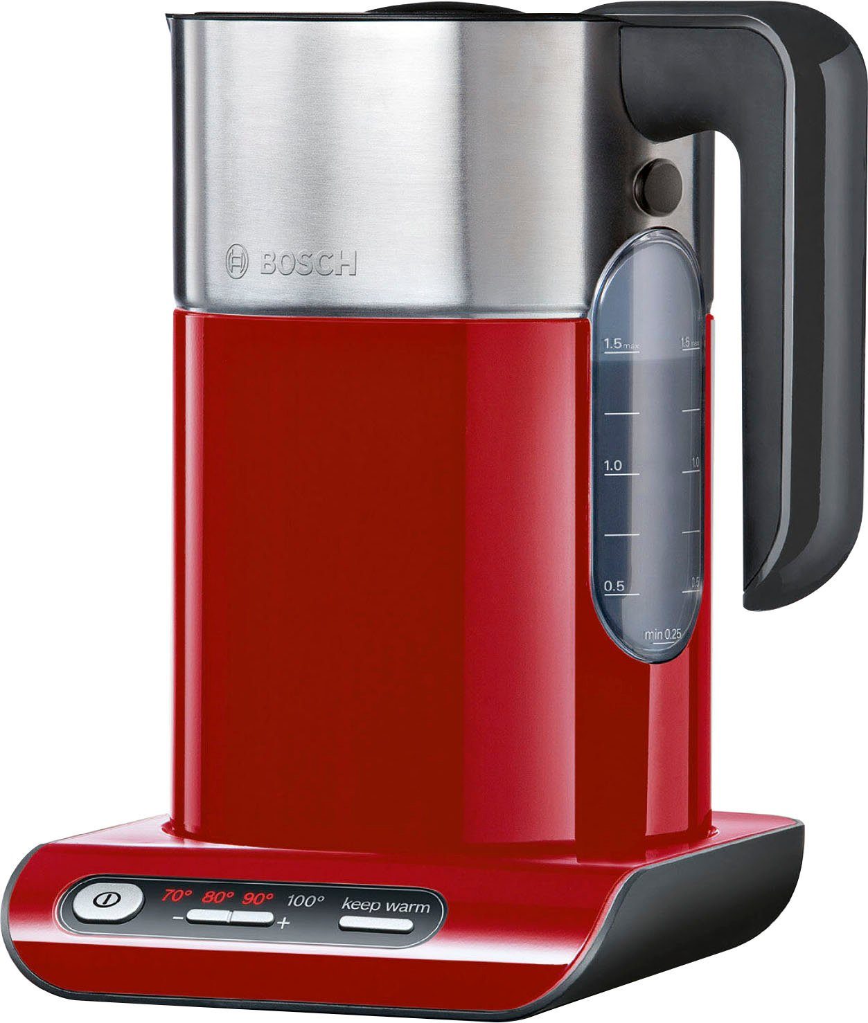 BOSCH Wasserkocher Styline TWK8614P, Abschaltautom., Überhitzungsschutz, Temperaturwahl, 1,5 l, 2400 W, Warmhaltefunktion, rot