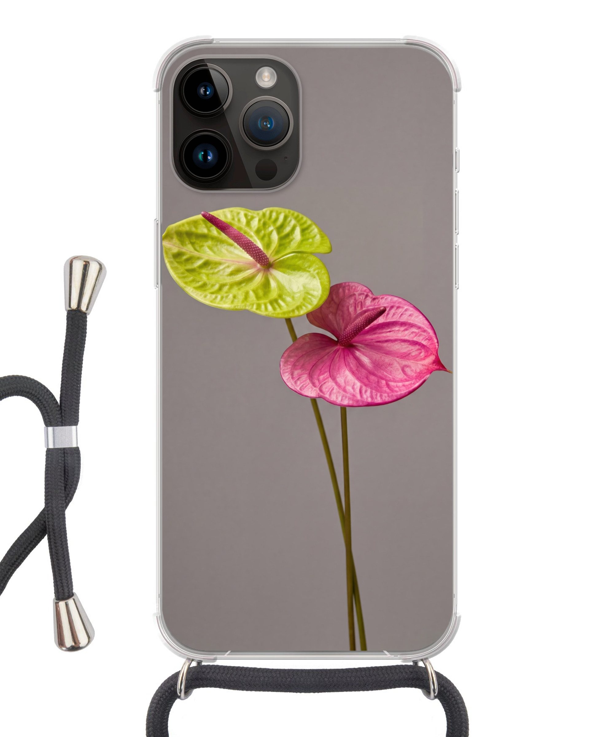 MuchoWow Handyhülle für Apple iPhone 14 Pro Max Pflanzen - Anthurium - Grün - Rosa, Tragbare Handyhüllen mit Kette zum umhängen, Handykette Handyband