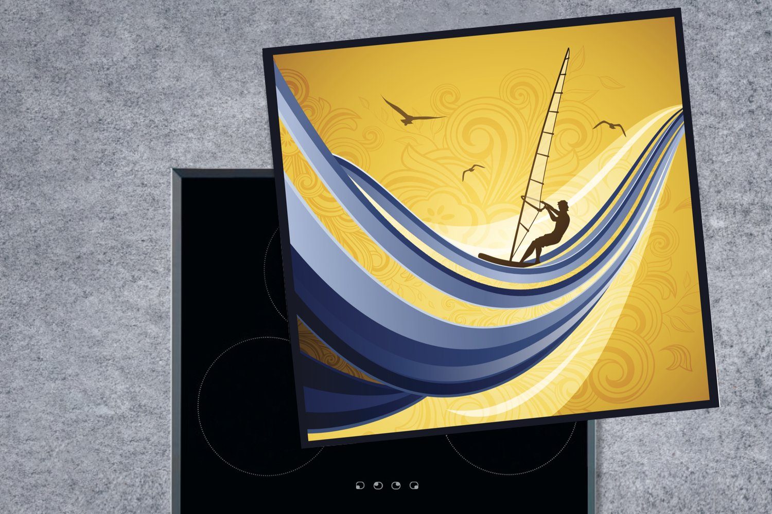 jemandem, Vinyl, den Arbeitsplatte Ceranfeldabdeckung, cm, tlg), MuchoWow windsurft, (1 der Eine für von Illustration Herdblende-/Abdeckplatte 78x78 küche Wellen auf