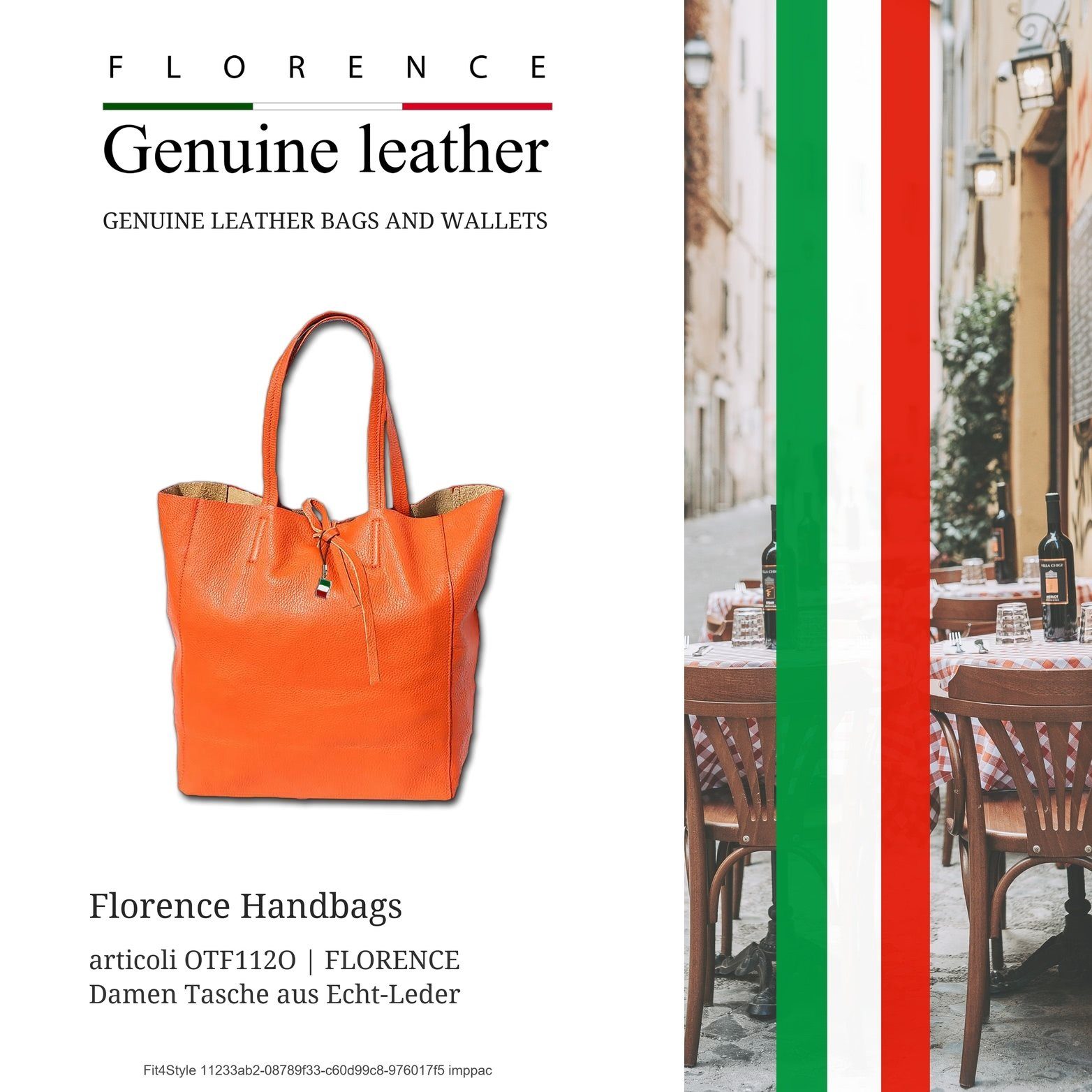 FLORENCE Shopper Florence Echtleder Schultertasche orange (Schultertasche, Shopper), Damen Tasche Echtleder orange, Made-In Italy