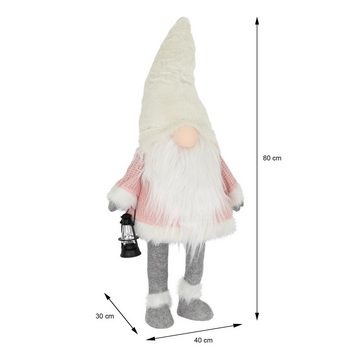 ECD Germany Weihnachtsfigur LED Wichtel-Figur Weihnachtsdeko Weihnachtswichtel Weihnachtszwerg, Warmweiß beleuchtete Laterne und Nase 80cm Rosa-Weiß batteriebetrieben